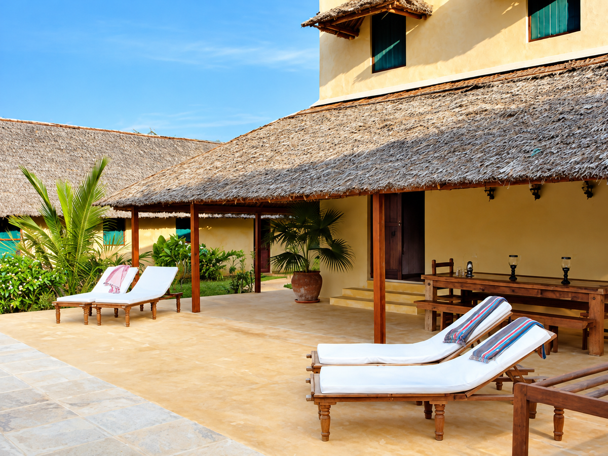 Poolside sun terrace under thatch