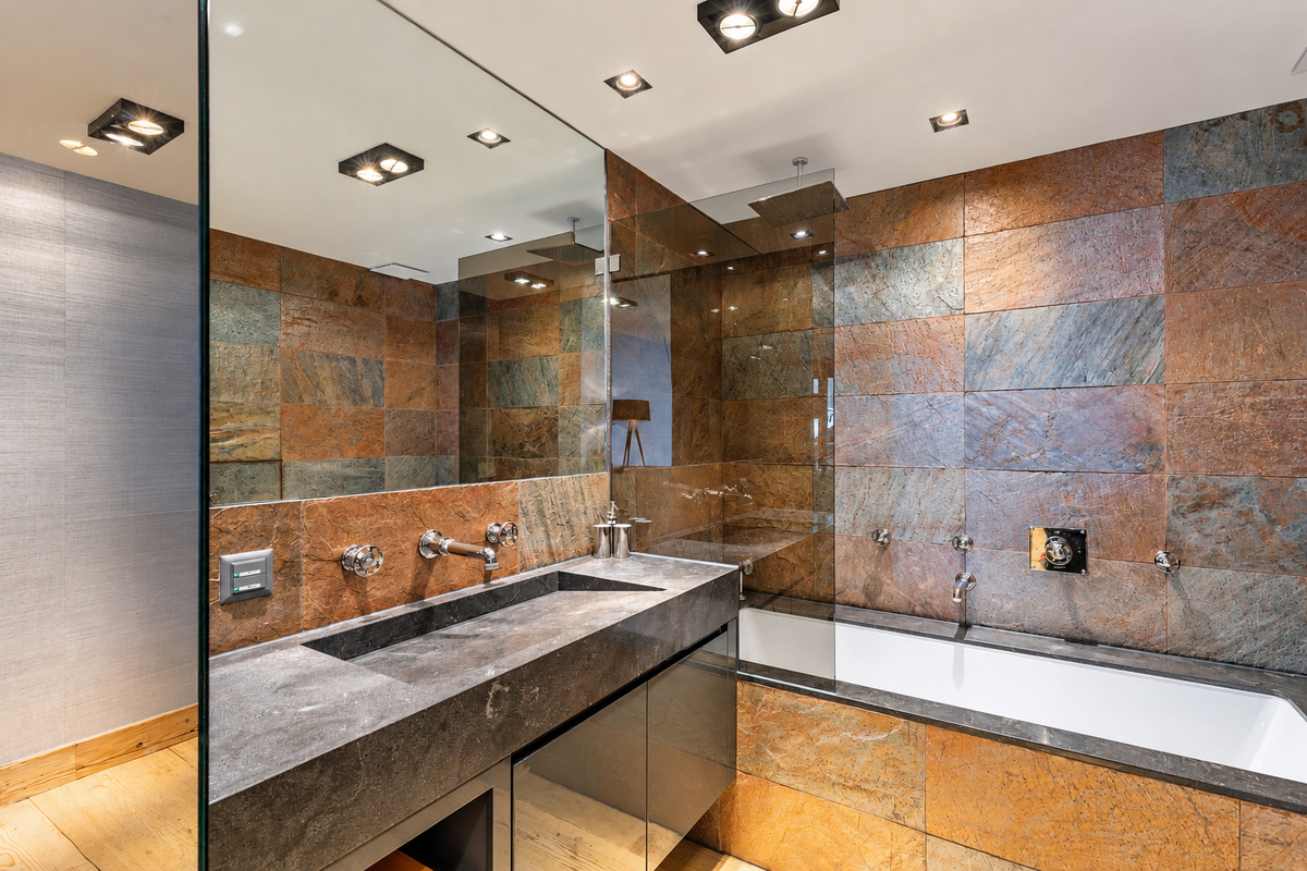 Bathroom in slate, with a bath and a walk-in shower
