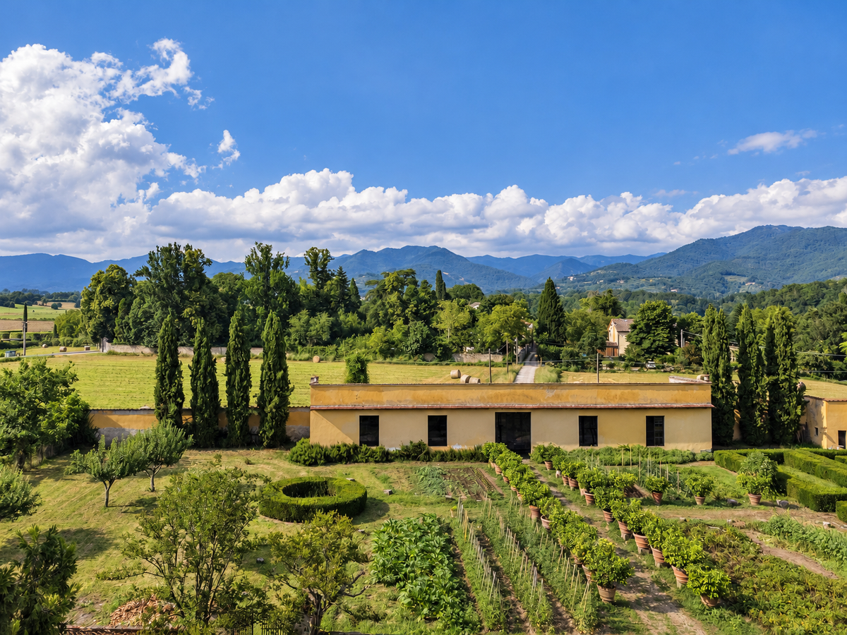 Kitchen garden and lemon house, with the Mugello hills beyond