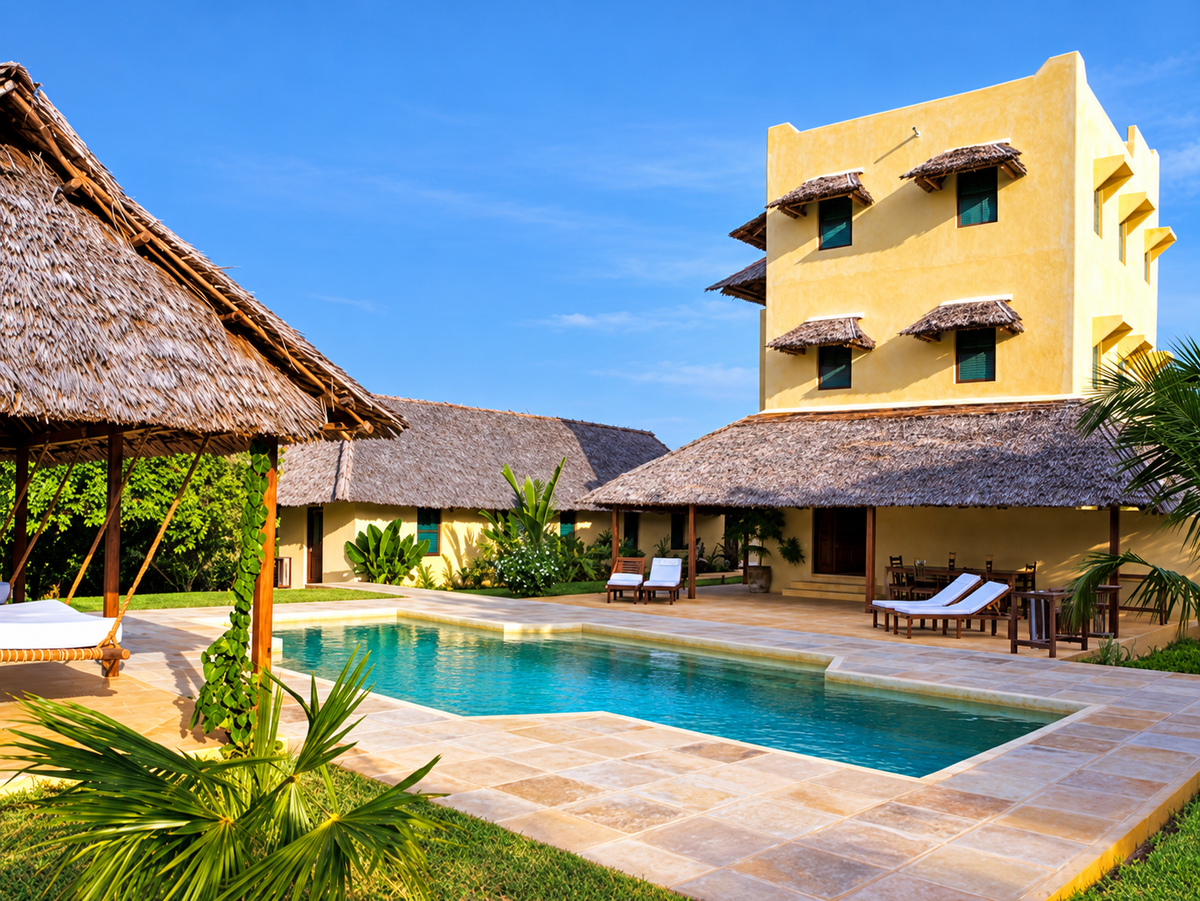 Thatched villa and pool with a yellow tower