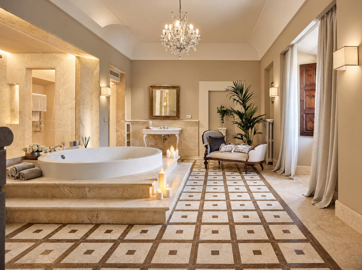 Round whirlpool bath in marble, lit by candles, in the Monsignore's Suite