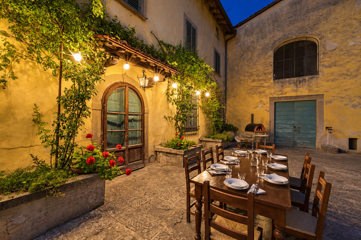 Table laid in the courtyard at dusk under lanterns and climbing plants