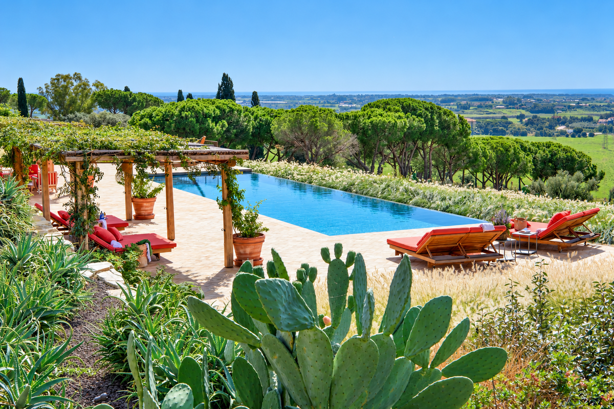 Villa Sofia near Capalbio, its pool and pergola above the Maremma plain and the sea