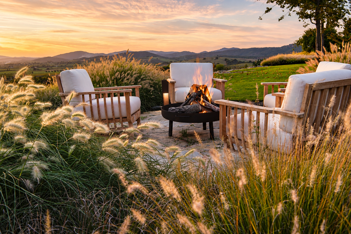 Armchairs round a lit fire pit among grasses at sunset