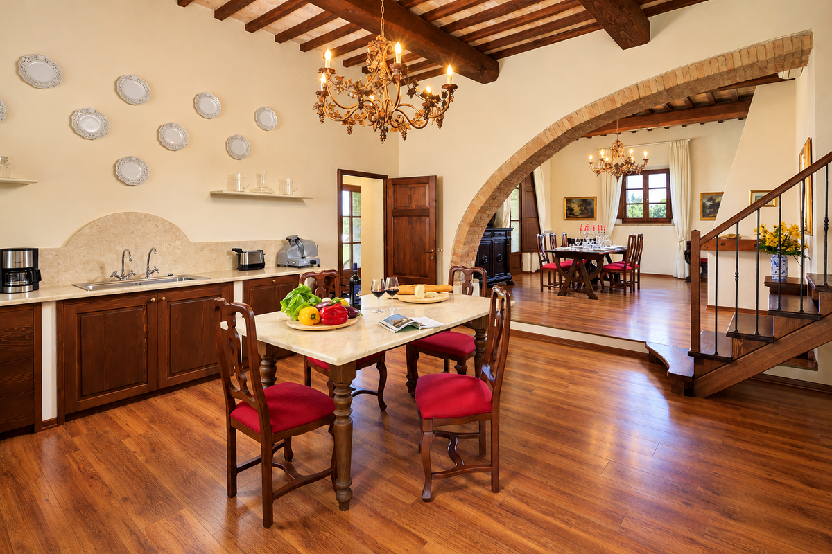 Country kitchen with a marble table