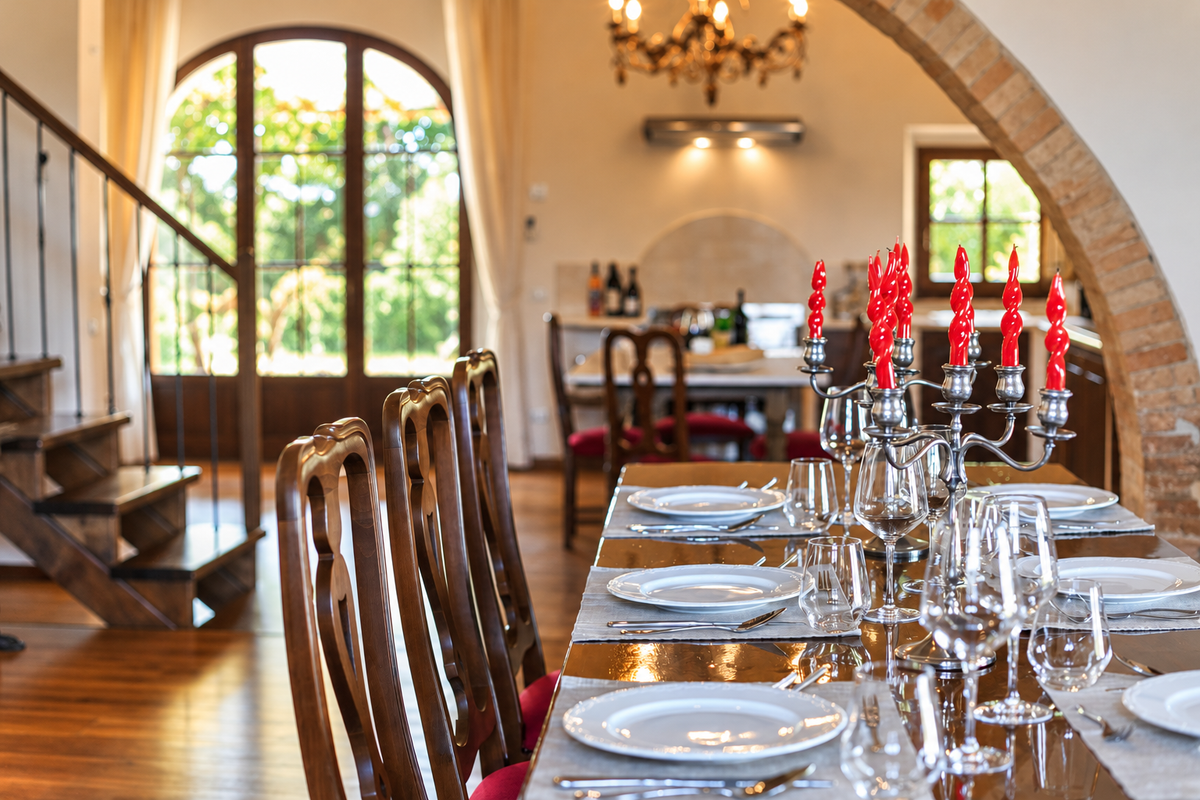 Table set with red candles and crystal