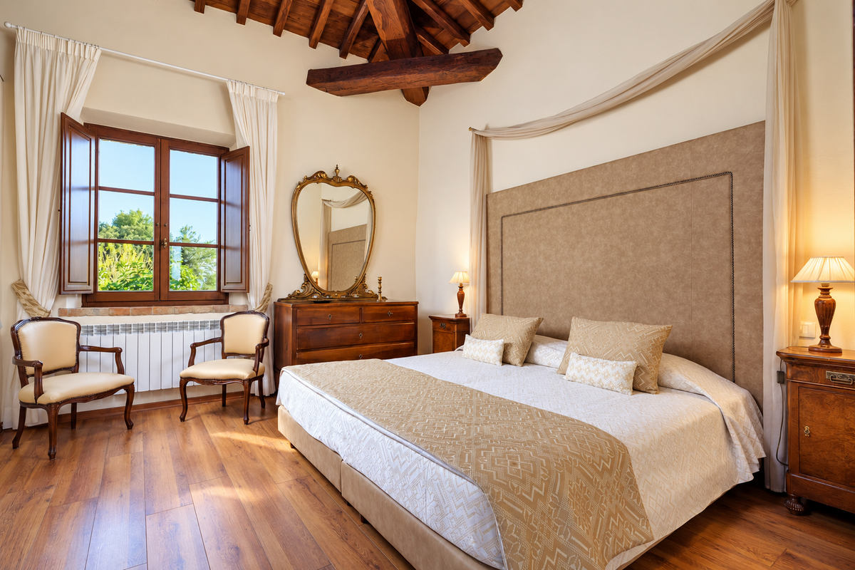 Bedroom with a timber ceiling and a gilt mirror