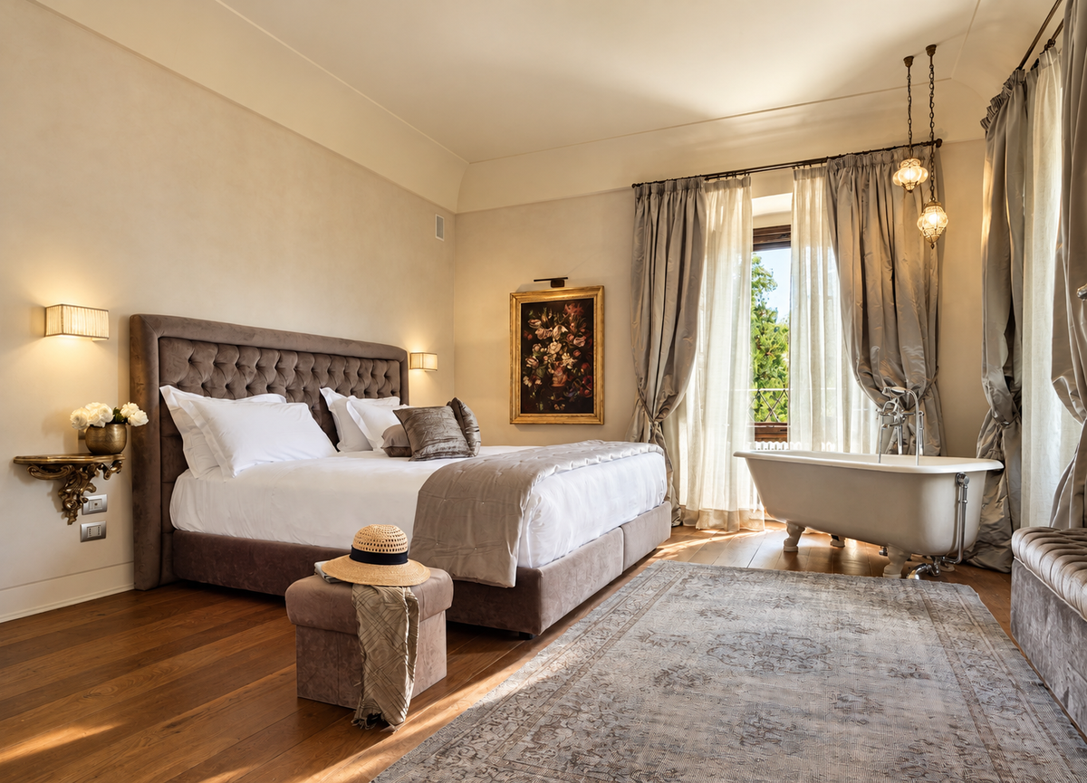 Bedroom with a freestanding bath by the window