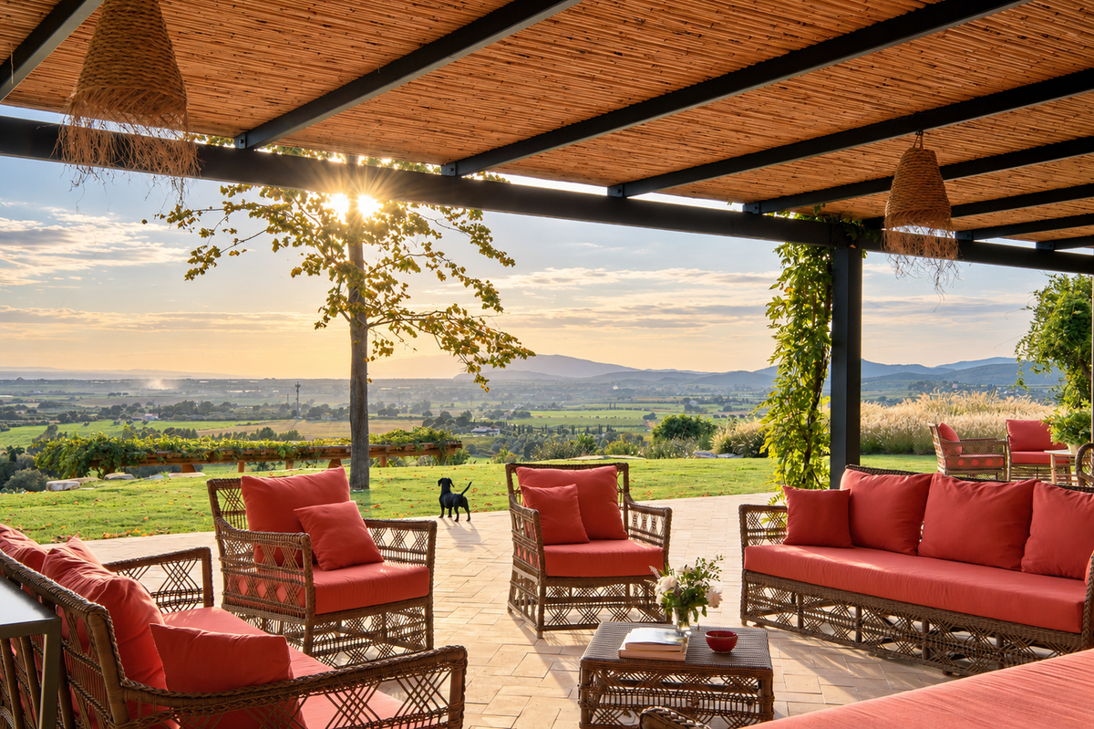 Covered veranda with wicker armchairs and red cushions, looking over the countryside