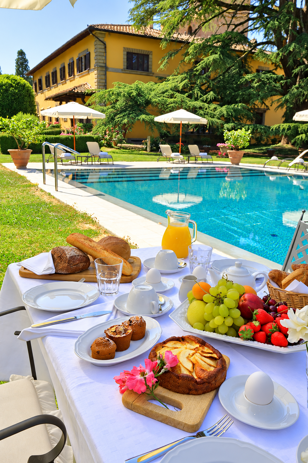 Breakfast laid by the pool, the castle behind