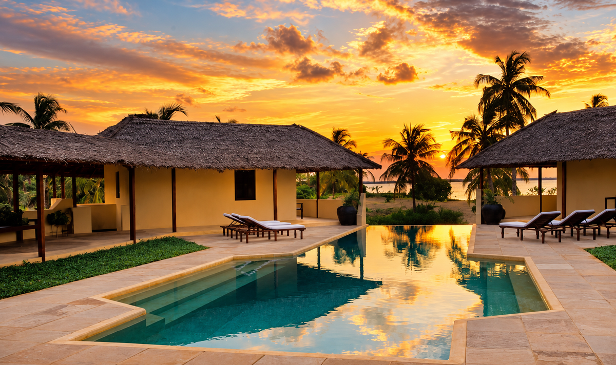Sunset reflected in the pool between thatched pavilions