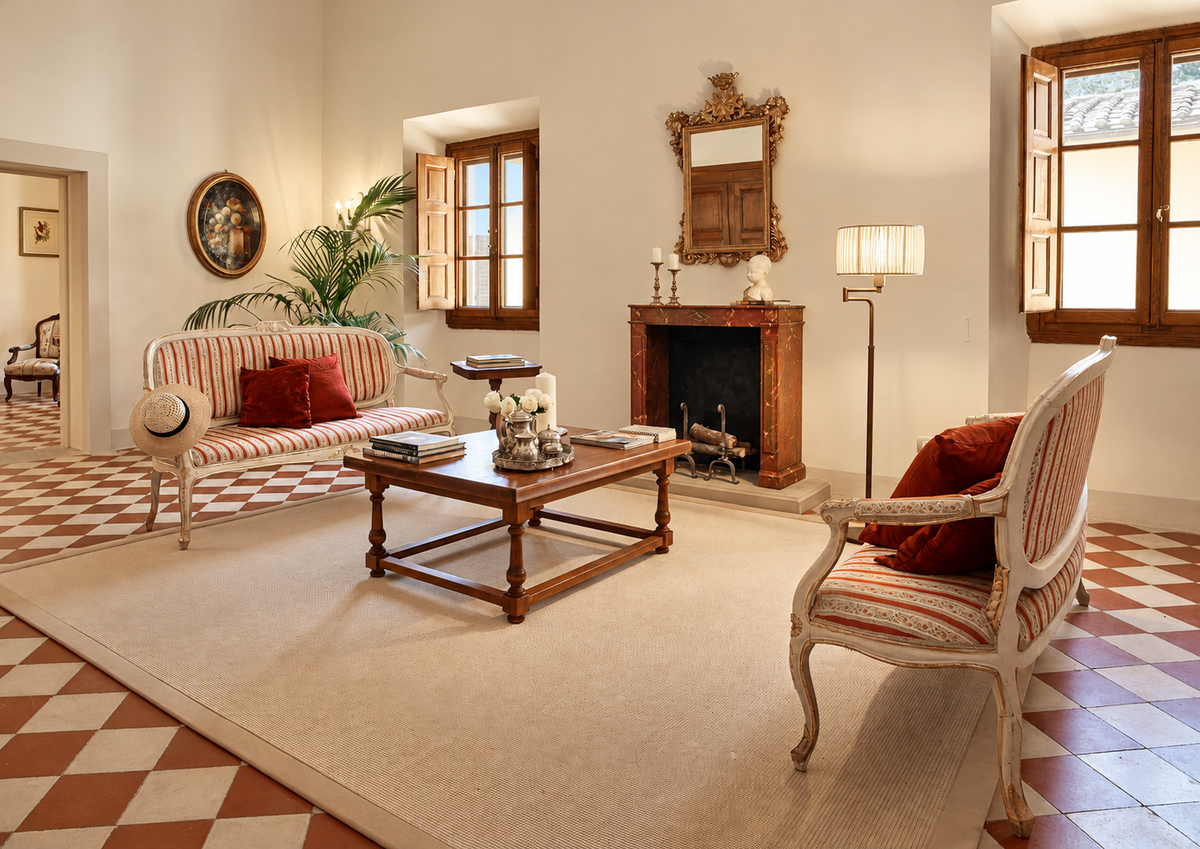 Sitting room with a marble fireplace and a chequered floor