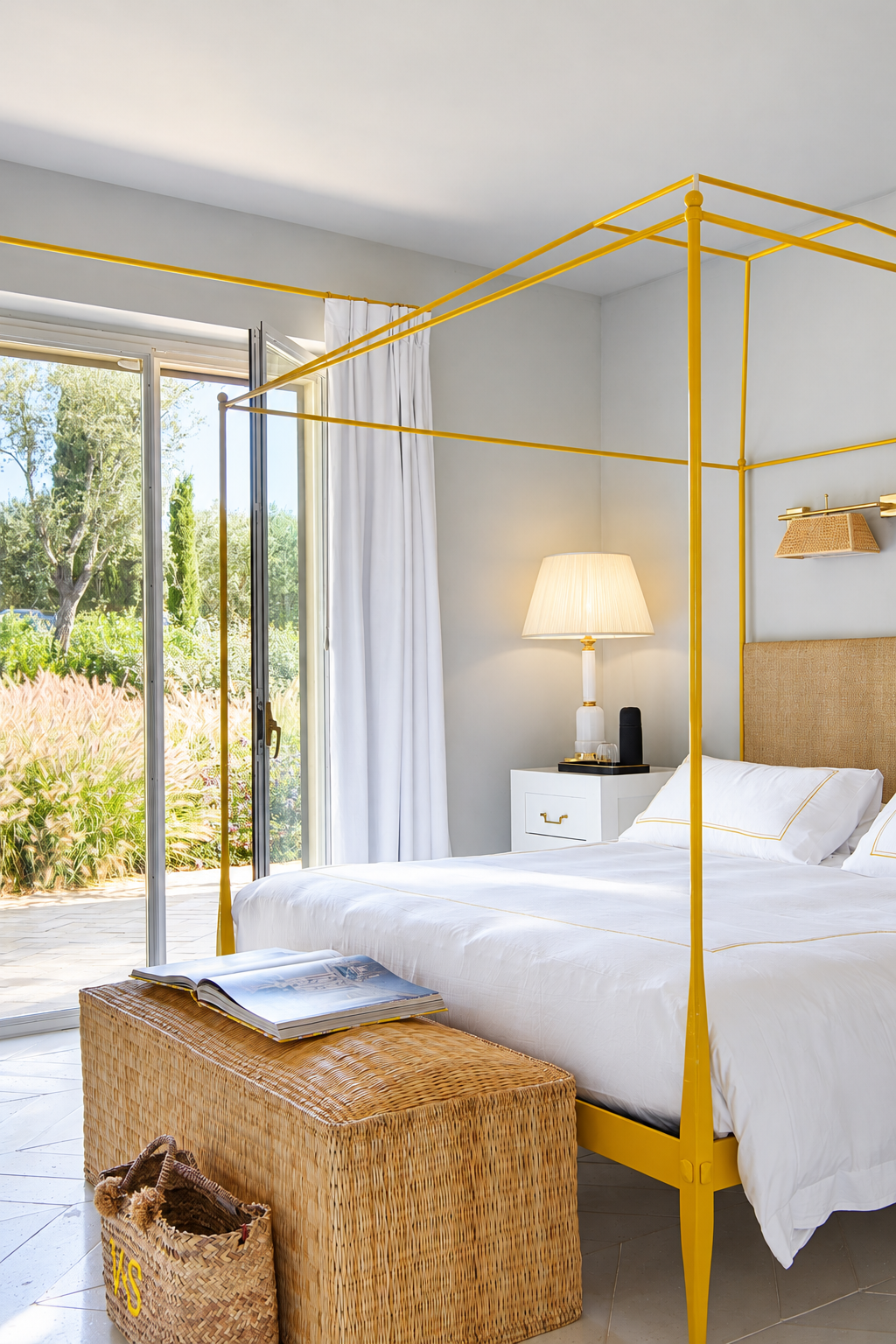 Bedroom with a yellow canopy bed and a wicker trunk