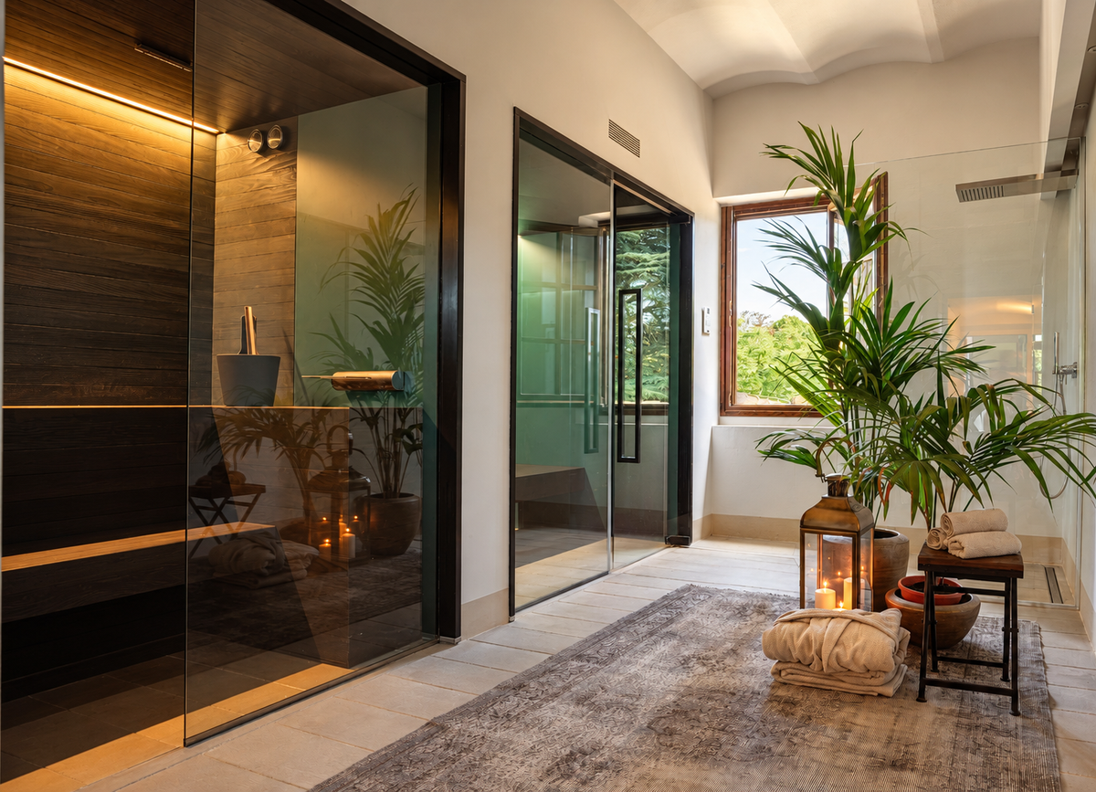 Spa with a sauna and a steam room behind glass