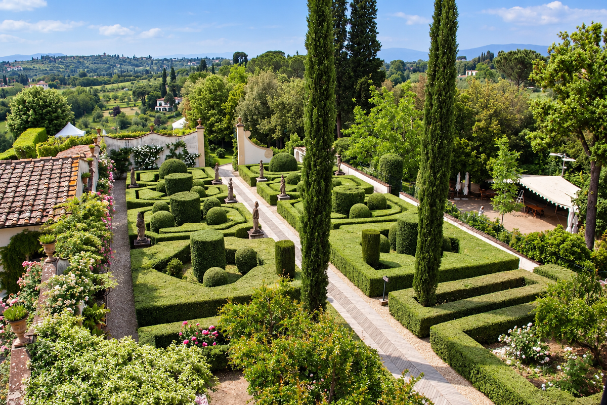 Box-hedge parterre garden among cypresses with Florence's hills beyond