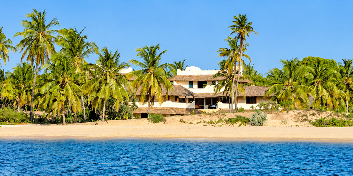 The villa among palms seen from the sea