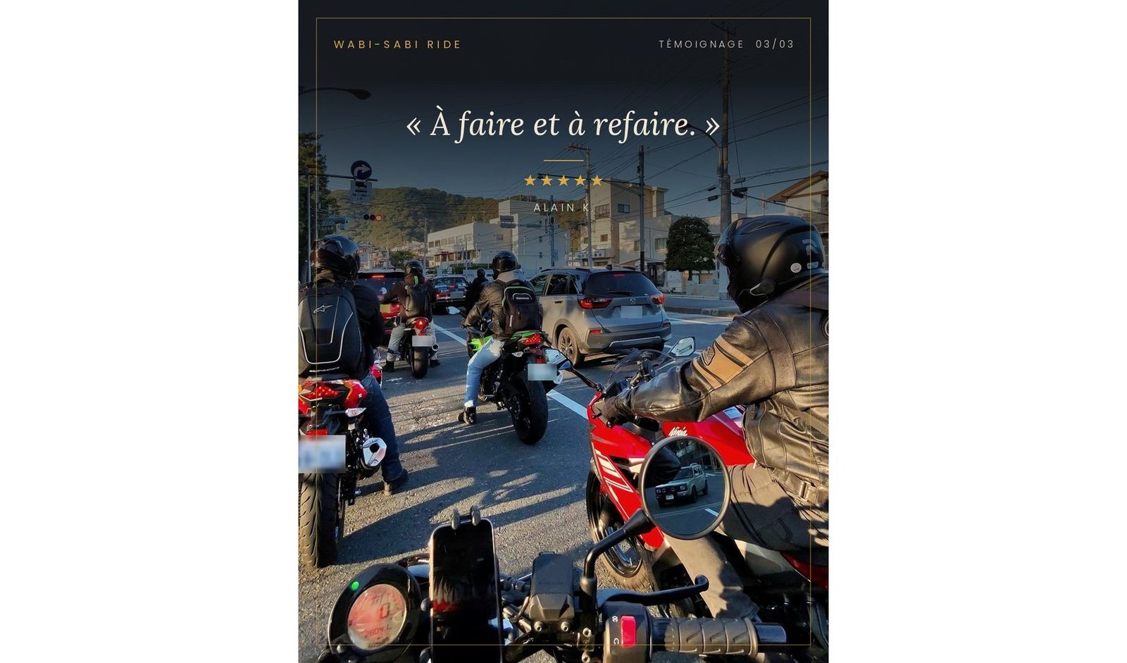 Témoignage d’Alain K., 5 étoiles sur Trustpilot : « À faire et à refaire. » Groupe de motards à un feu, sur la côte de Kanagawa