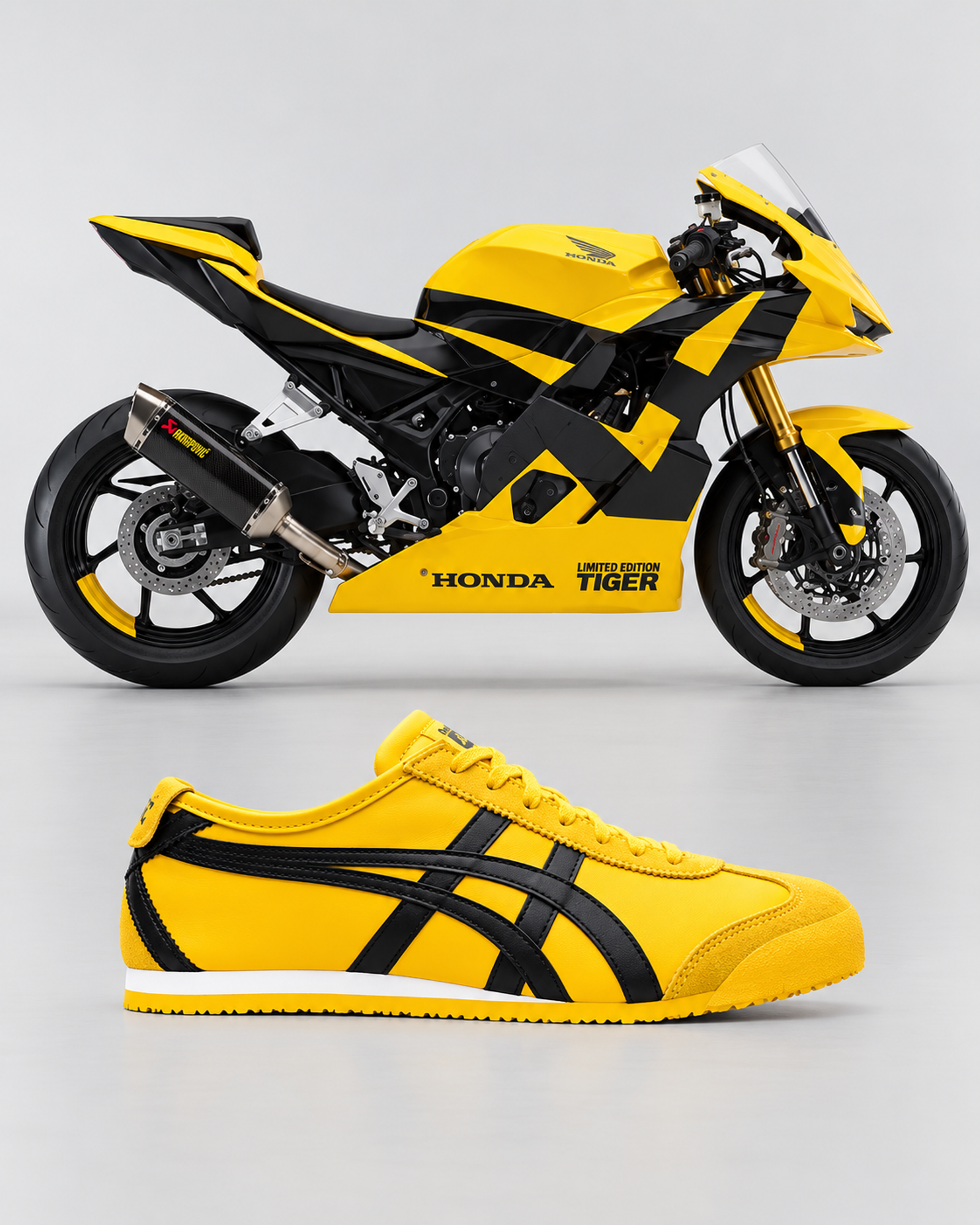 Moto Honda et baskets Onitsuka Tiger jaunes à bandes noires