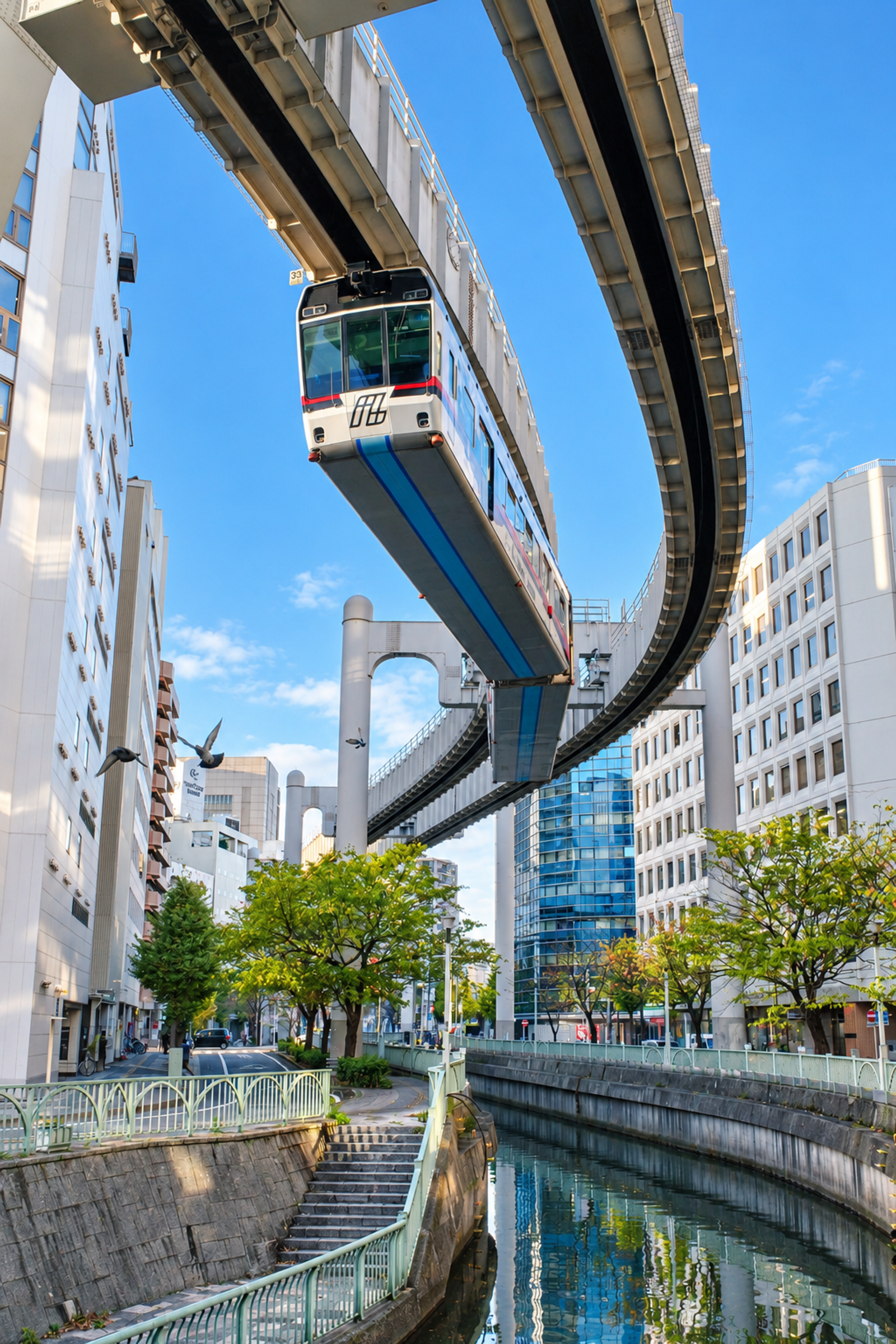 Monorail suspendu circulant entre les immeubles