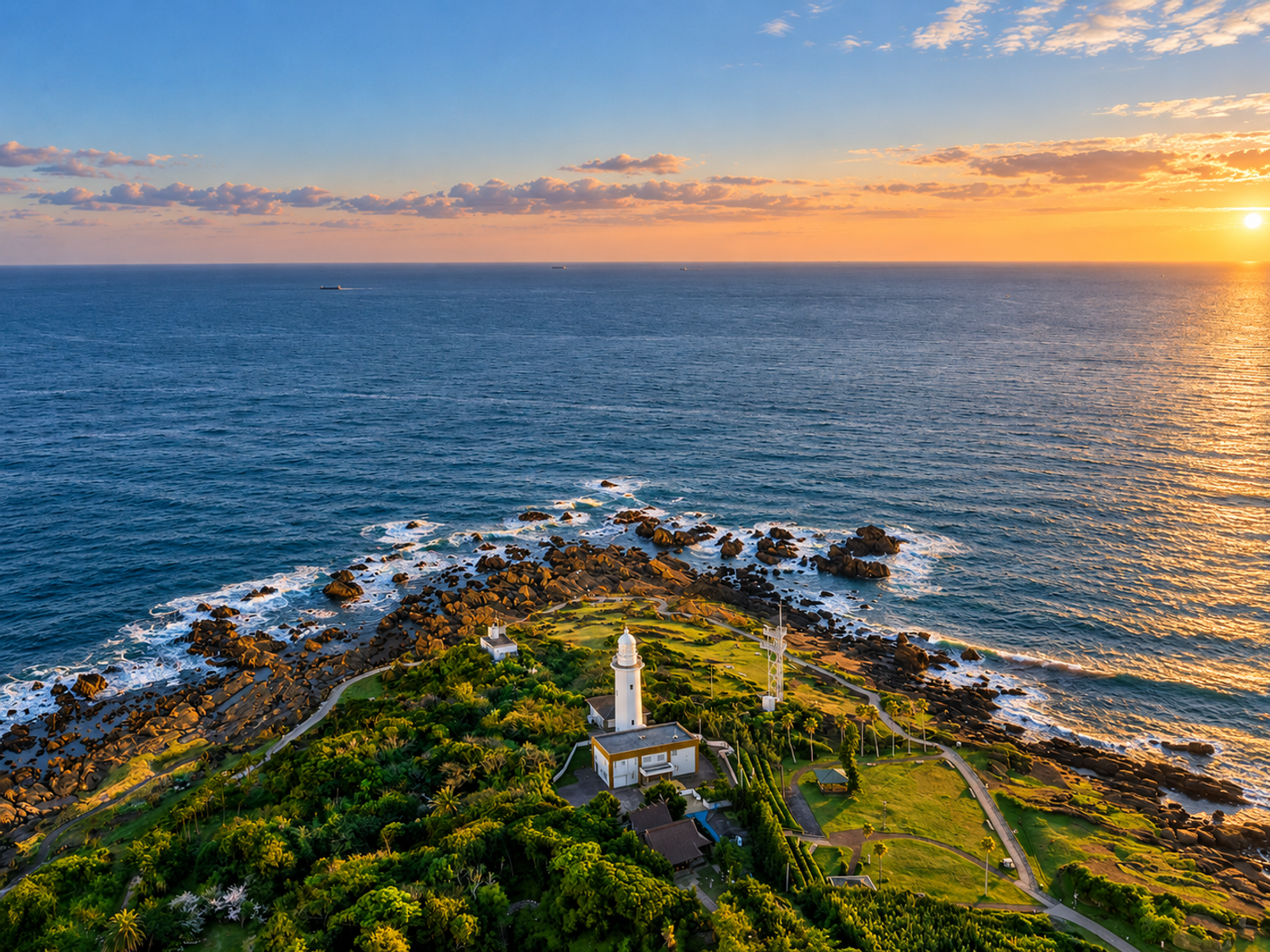 Phare sur un cap rocheux face à l'océan au coucher du soleil