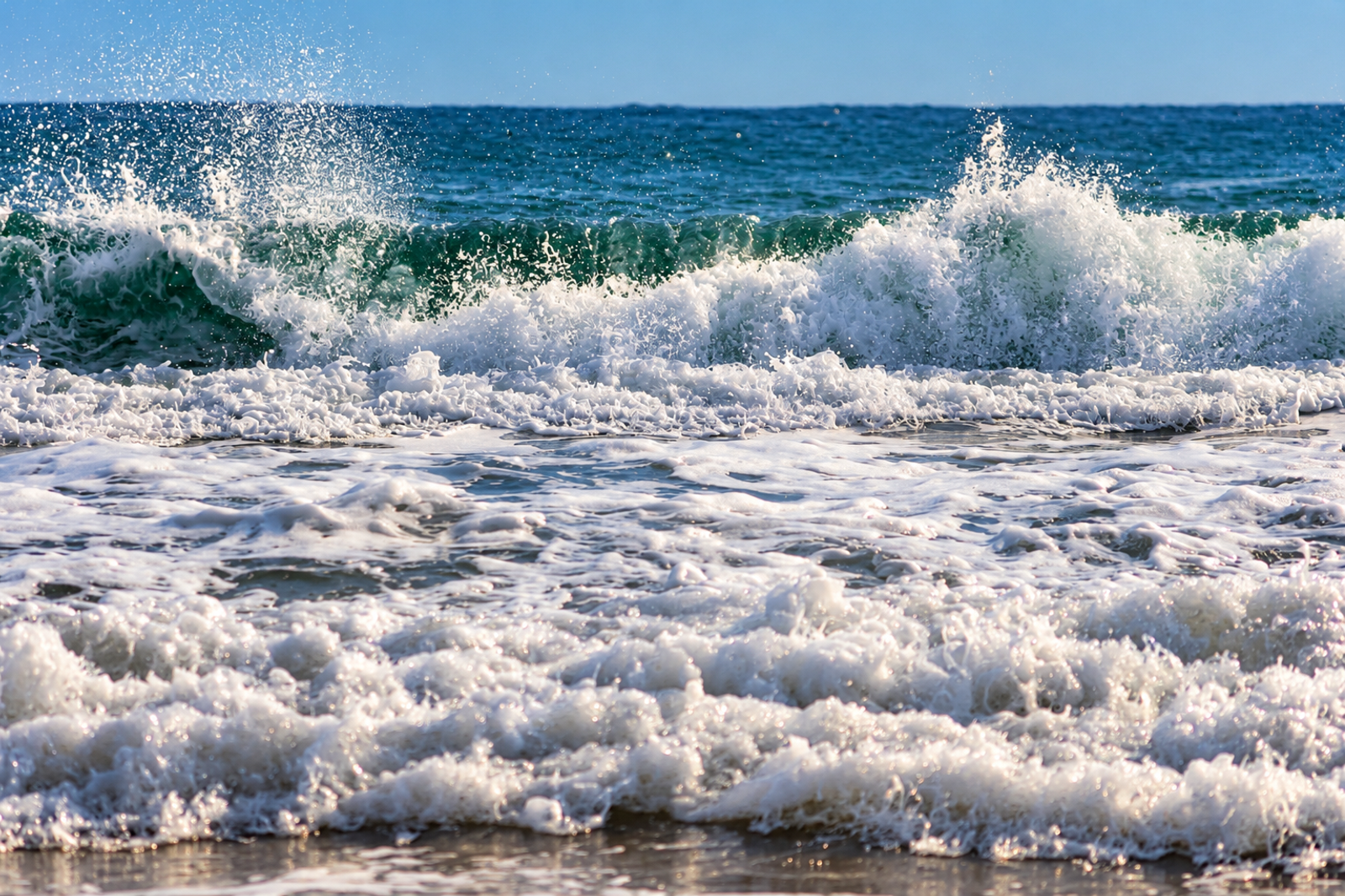 Vagues se brisant en écume sur le rivage