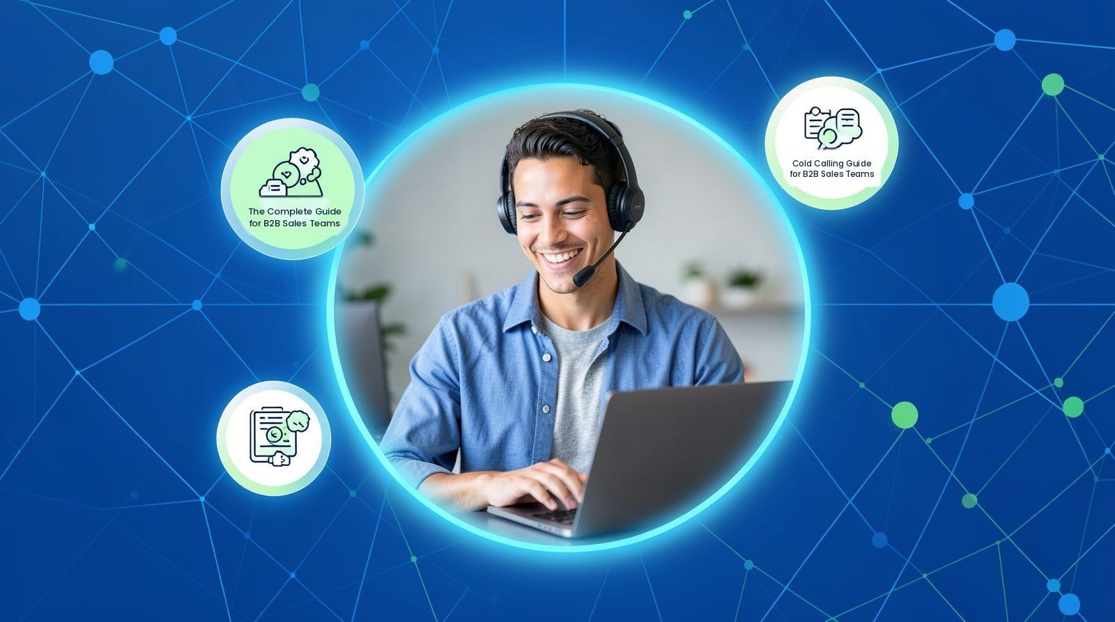 A sales rep at a desk making a B2B cold call with a prospect list on screen