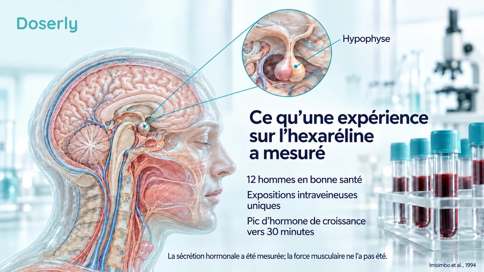 L’anatomie de l’hypophyse et un prélèvement sanguin illustrent une expérience aiguë sur l’hexaréline menée auprès de 12 hommes.