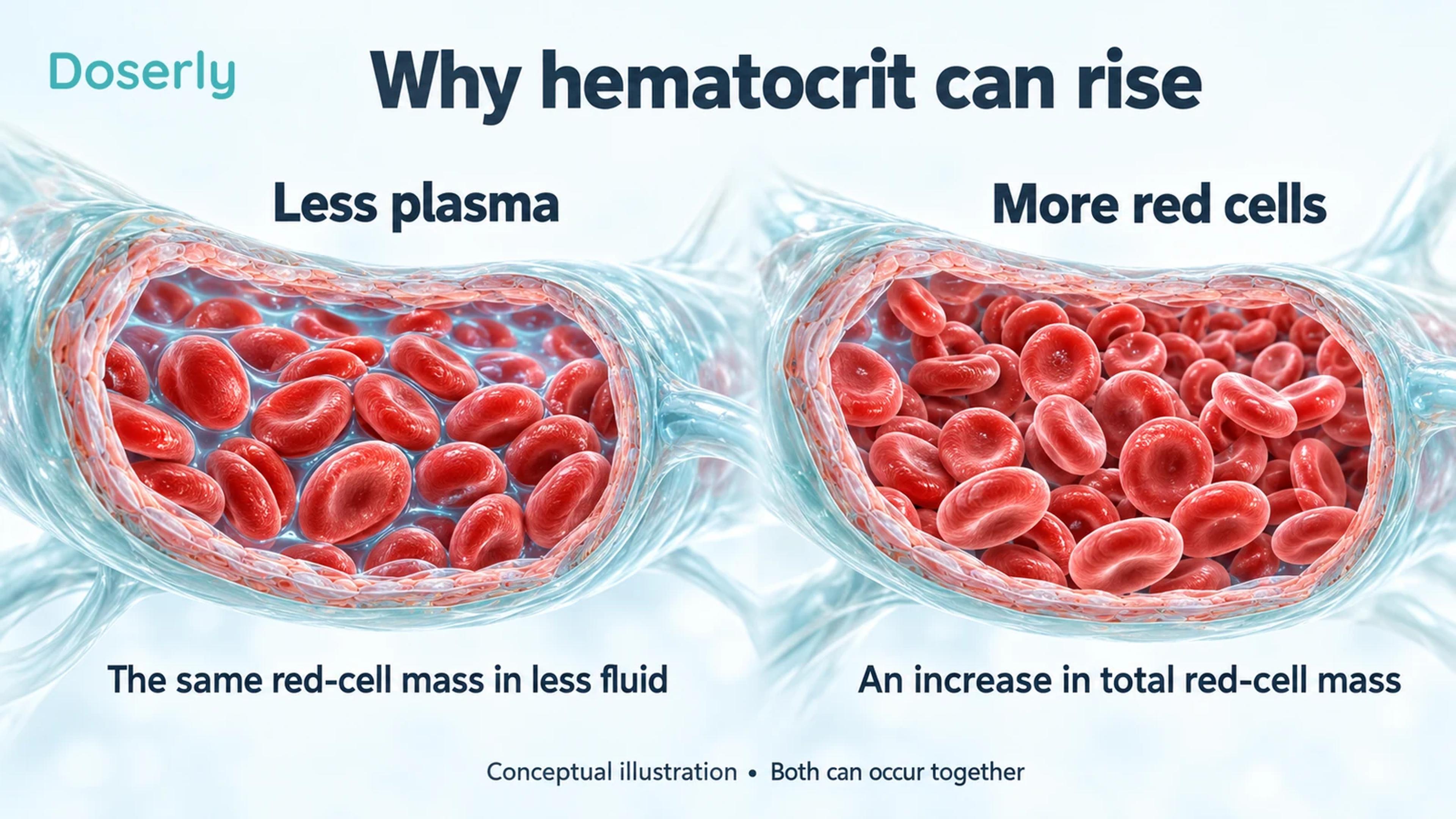 Two vessel cutaways distinguish a fall in plasma volume from an increase in total red-cell mass.