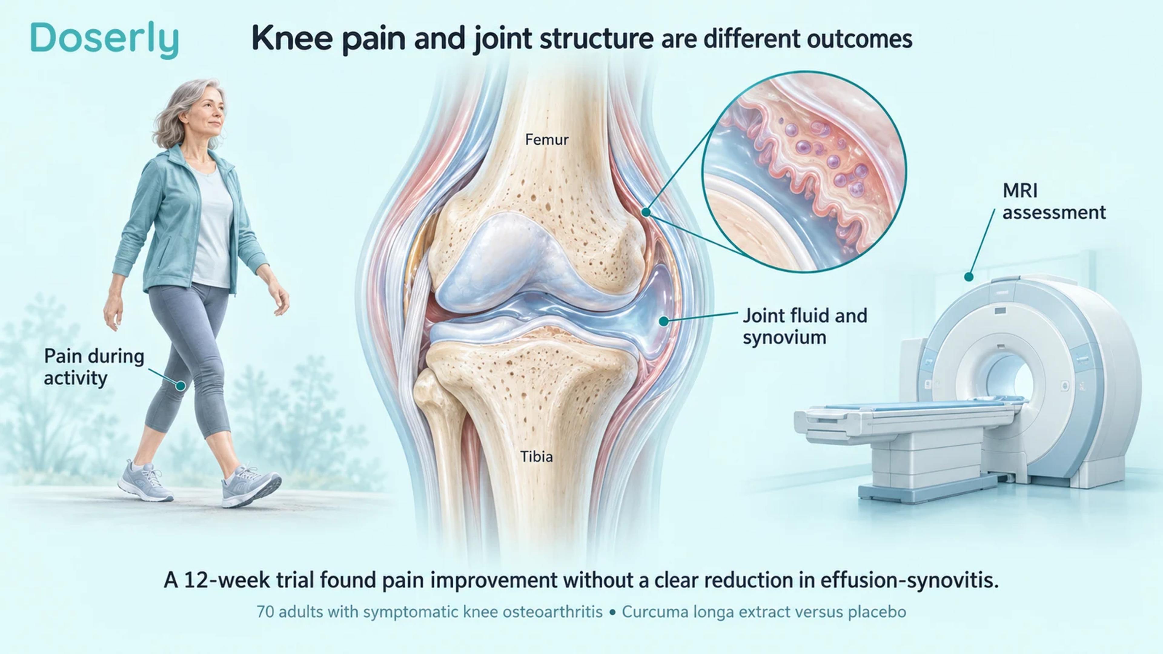 A knee cutaway, walking adult and MRI scanner illustrate the difference between pain assessment and joint imaging.
