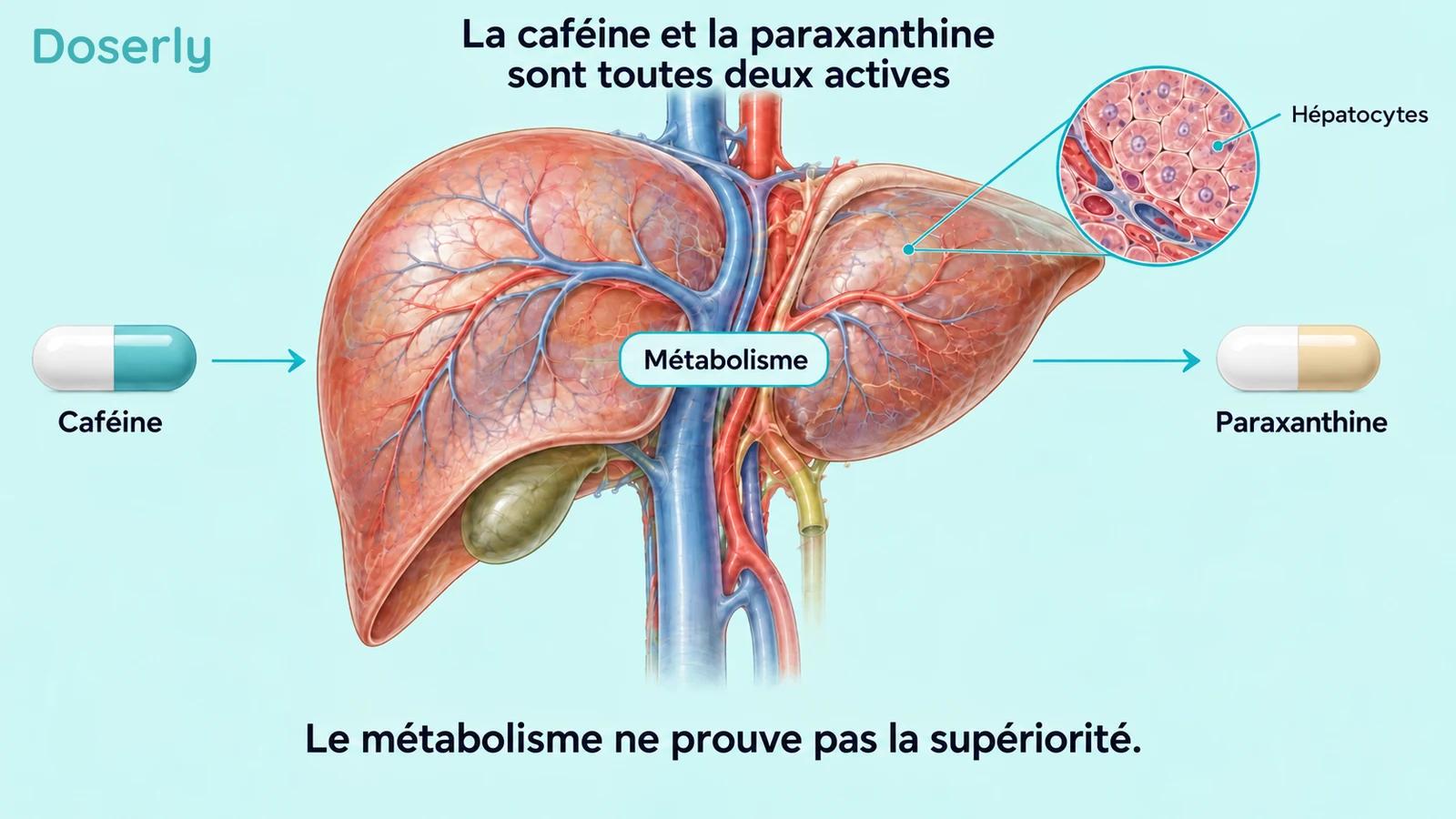 Un foie translucide et des vaisseaux sanguins illustrent la conversion de la caféine en paraxanthine; les deux composés sont identifiés comme des expositions à des substances actives.