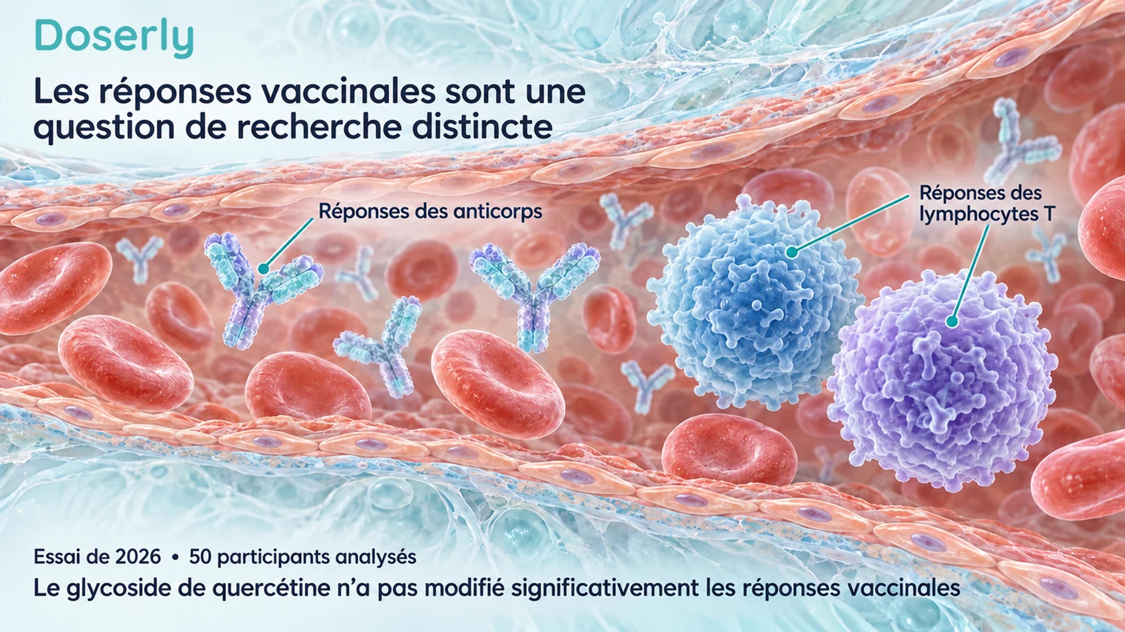 Une scène conceptuelle détaillée d’un vaisseau sanguin présente les anticorps et les lymphocytes comme des mesures distinctes dans l’essai de 2026 sur la réponse vaccinale.