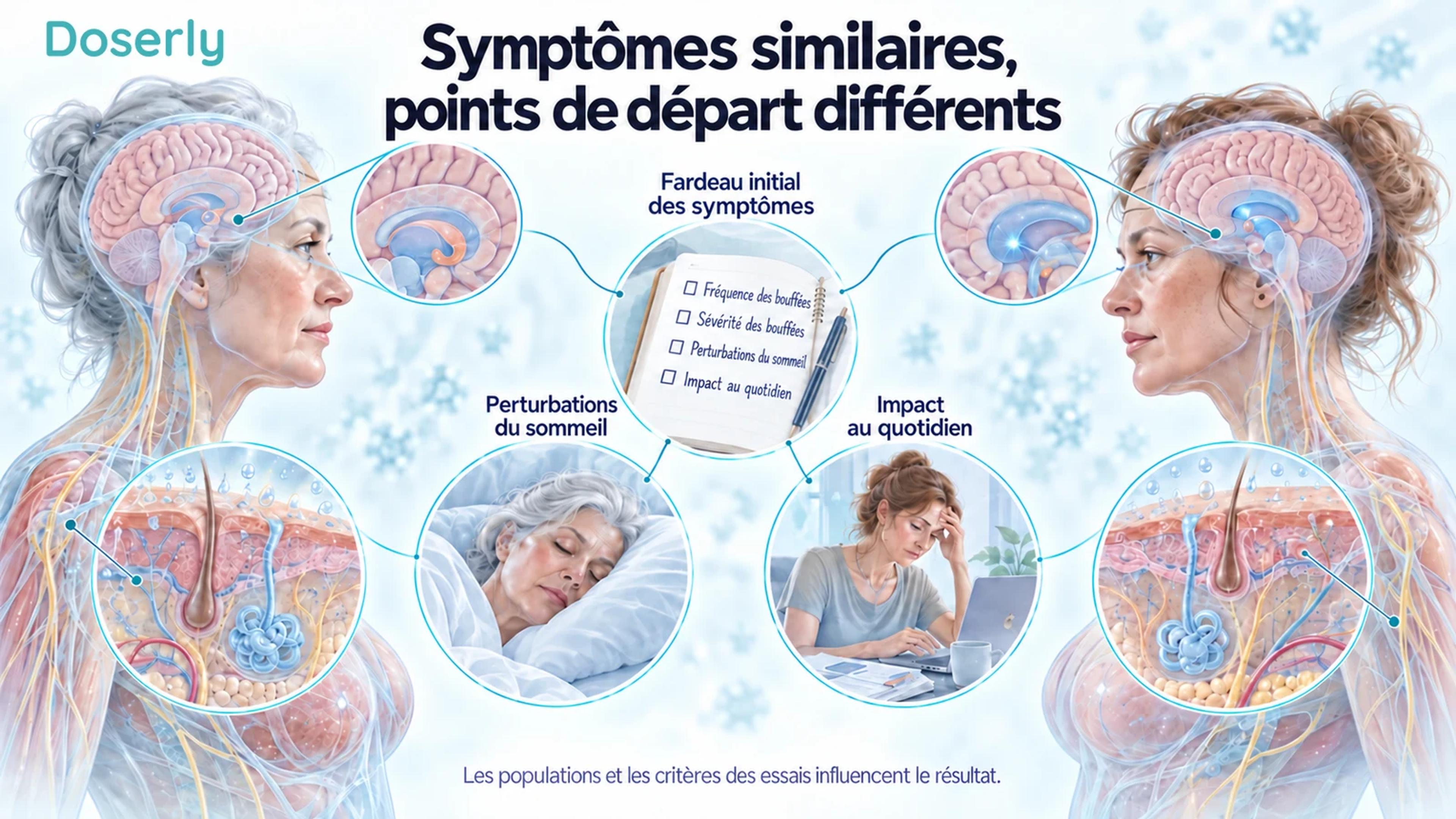 Deux femmes illustrées avec des vues en coupe du cerveau et des glandes sudoripares, autour d’un journal, d’une scène de sommeil et d’une scène d’activité quotidienne, montrant des profils de symptômes initiaux différents.