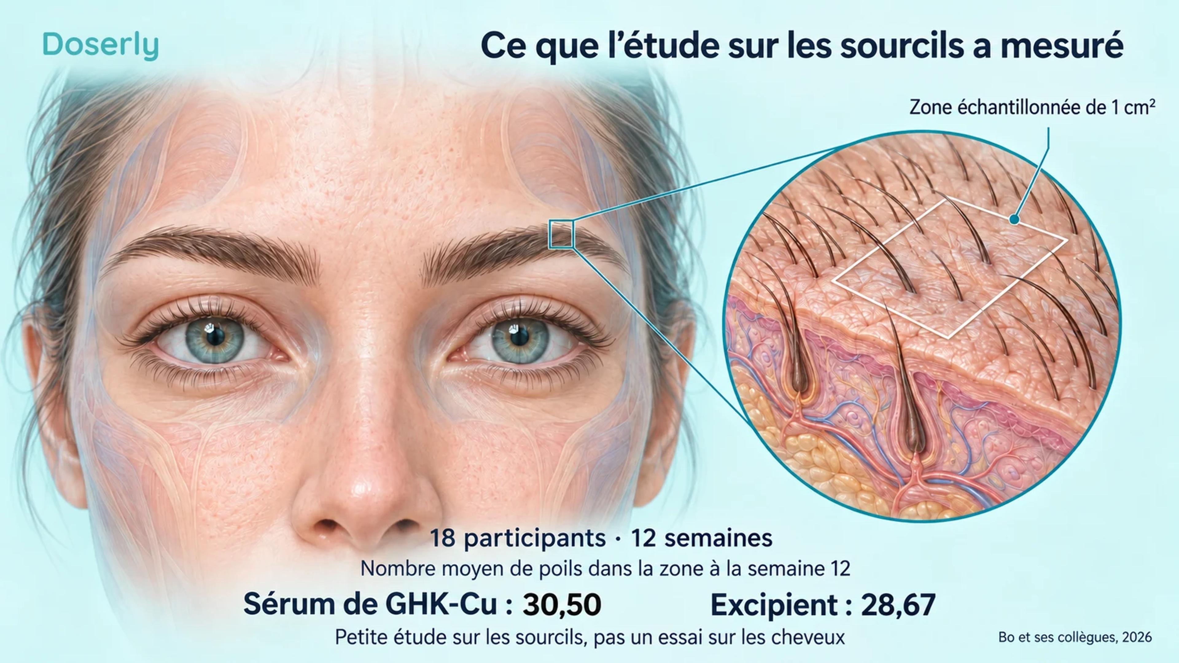 Zone d’échantillonnage d’un sourcil illustrée à côté des nombres moyens de l’étude à la semaine 12 : 30,50 avec le sérum de GHK-Cu et 28,67 avec l’excipient.