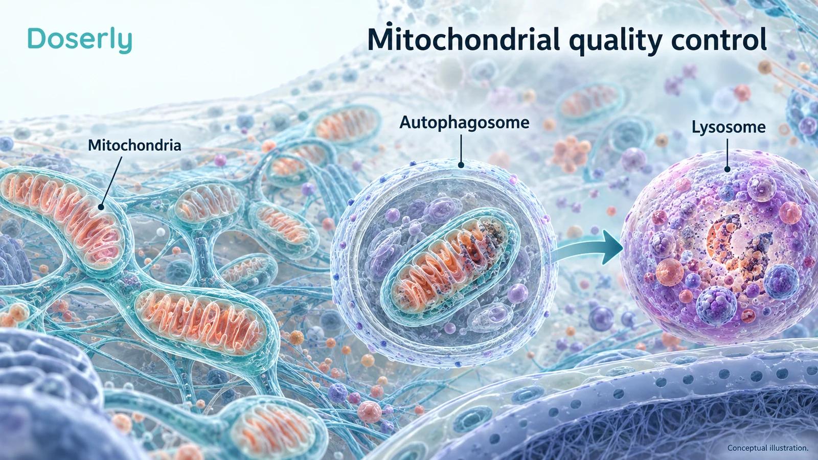 Conceptual cell showing mitochondrial quality-control compartment and separate enlarged inner-membrane folds.