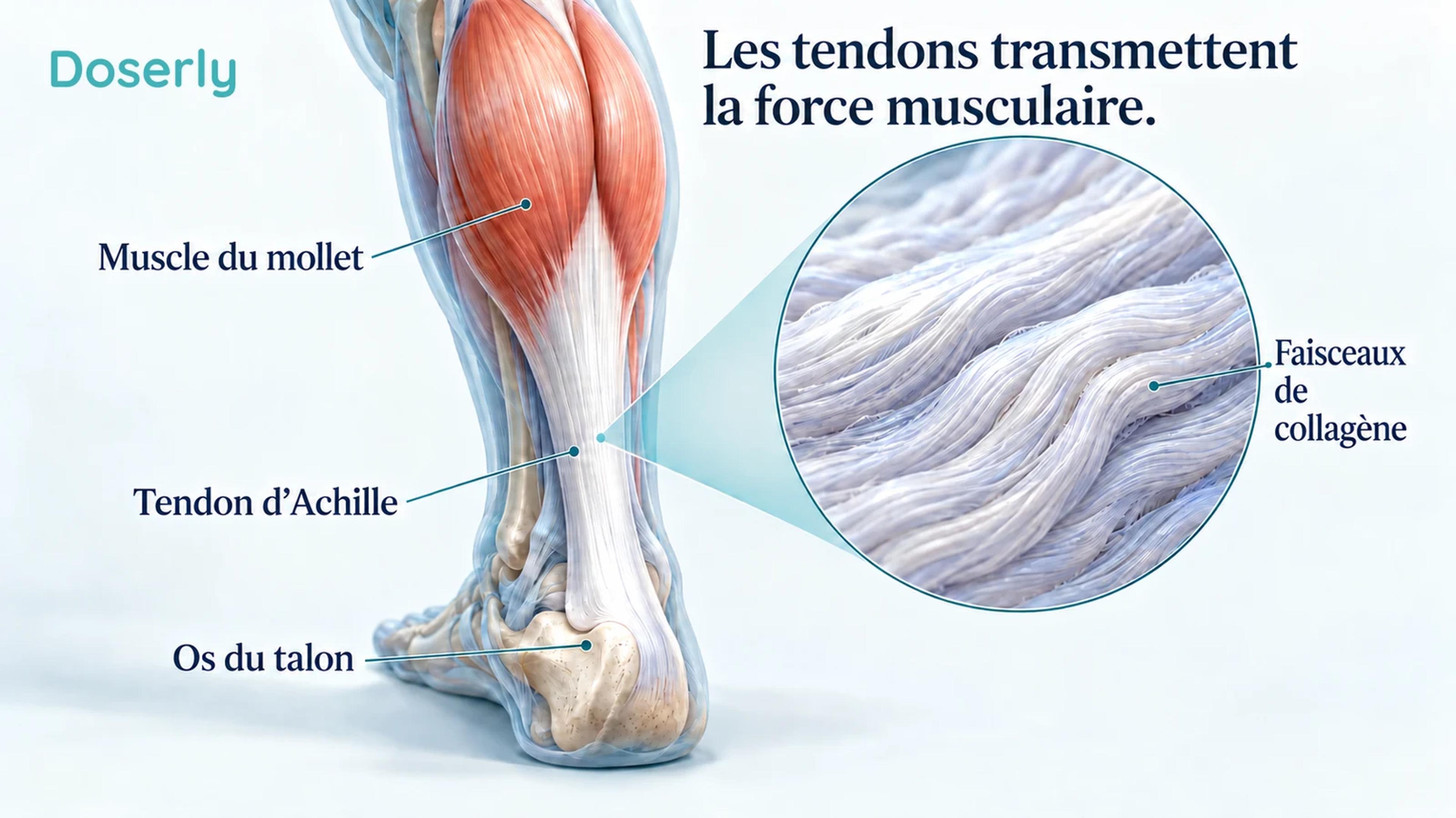 Anatomie conceptuelle du bas de la jambe montrant le muscle du mollet relié au talon par le tendon d’Achille, avec un encadré sur les fibres de collagène.