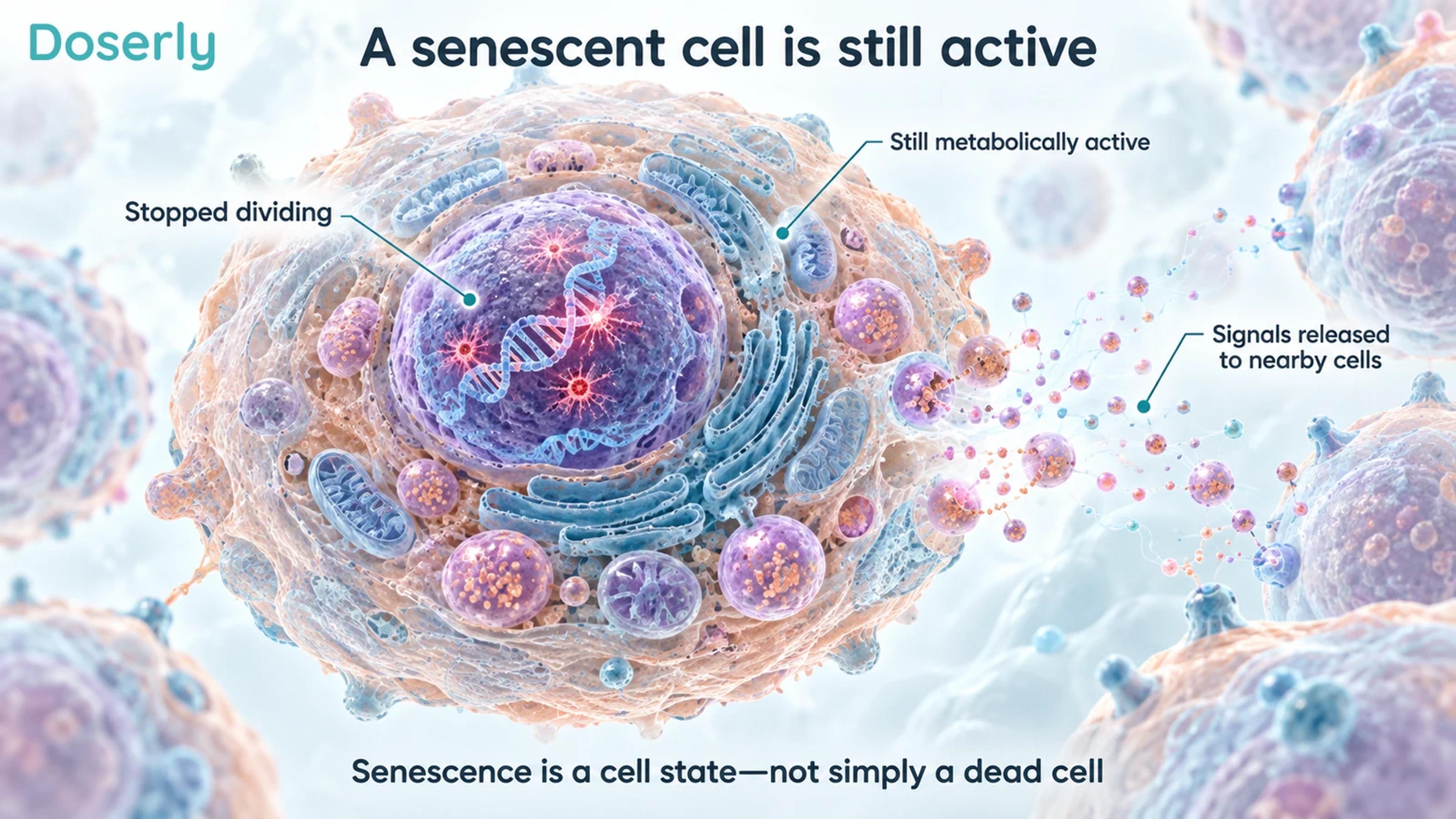 A detailed conceptual senescent cell with an intact membrane, nucleus and signaling particles near neighboring cells.
