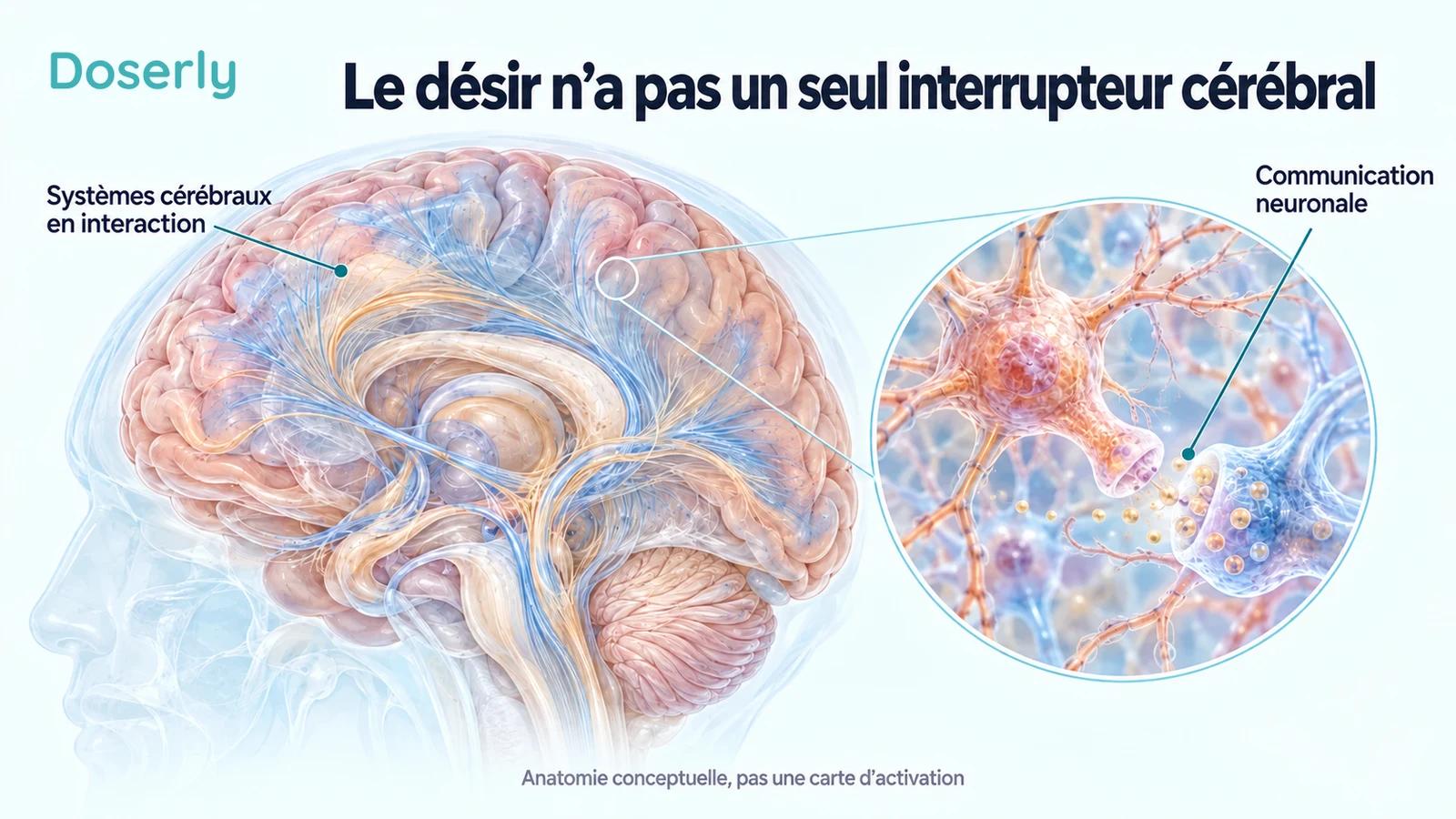 Un cerveau conceptuel détaillé et un réseau neuronal agrandi illustrent les nombreux systèmes qui interagissent dans le traitement de l’information sexuelle.