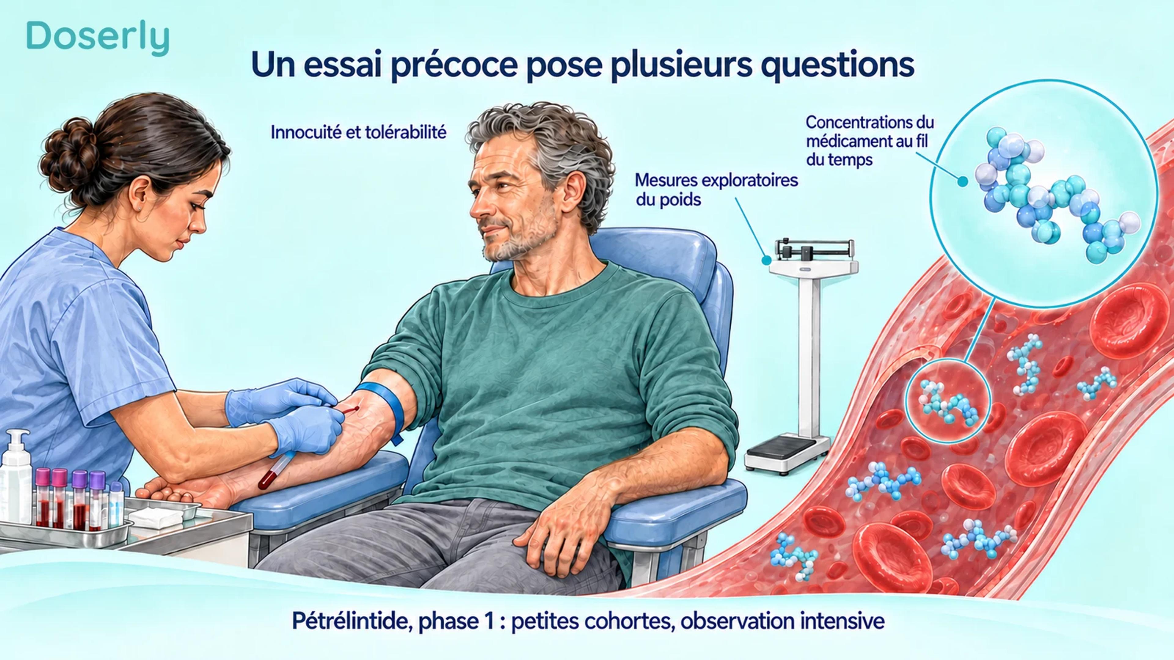 Illustration d’une visite de recherche avec prélèvement sanguin, balance et encadré conceptuel représentant un vaisseau sanguin.