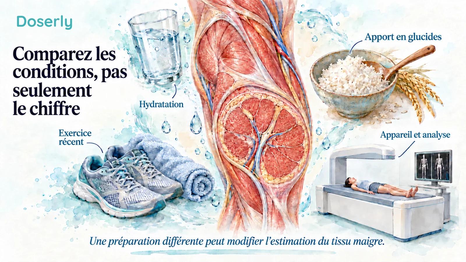 Une illustration détaillée d’un muscle est entourée d’eau, d’équipement d’exercice, de riz et d’un appareil d’imagerie pour expliquer les facteurs qui influencent les comparaisons entre examens.