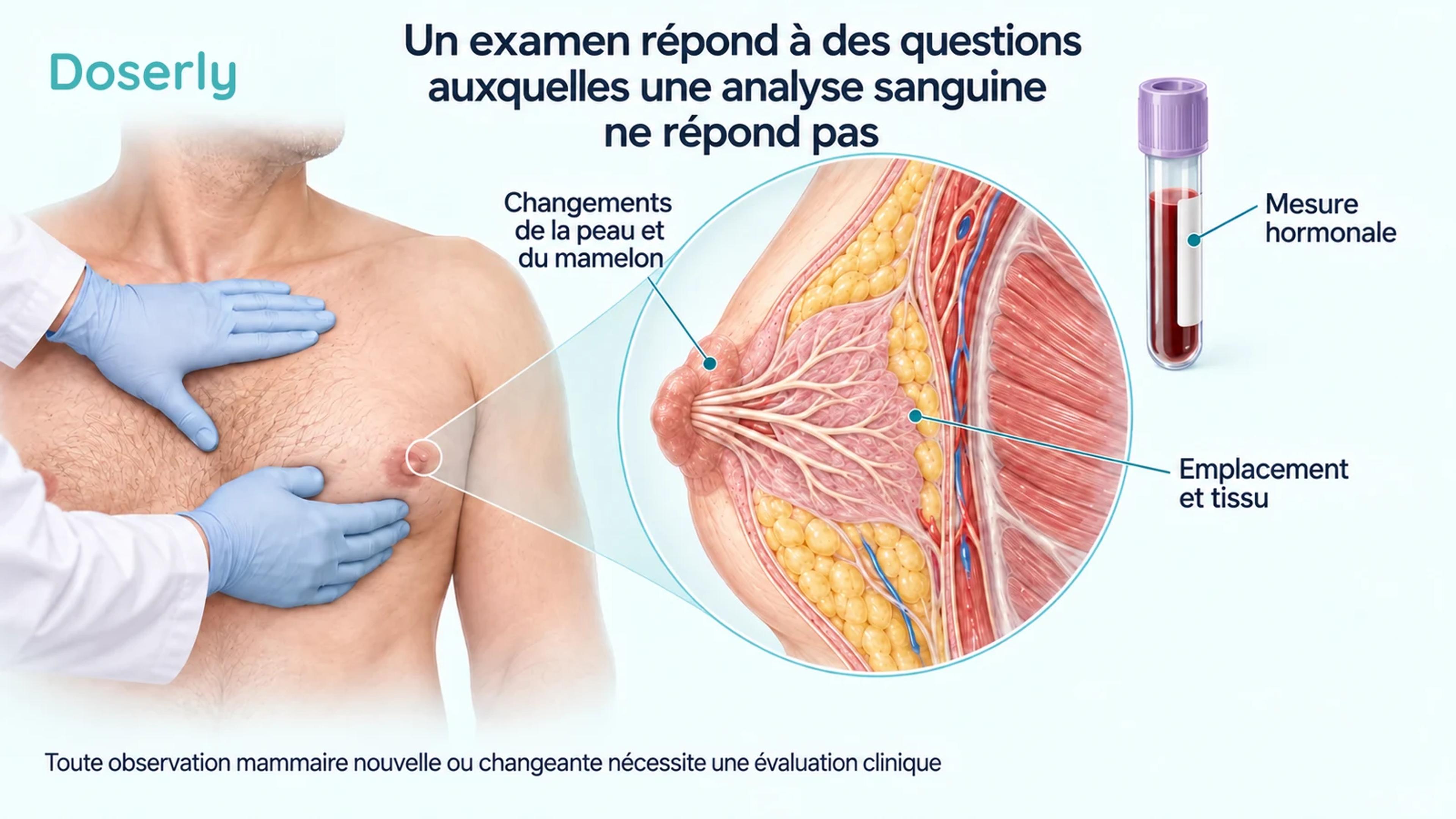 Examen clinique du sein masculin à côté d’une vue agrandie des canaux sous-aréolaires et du stroma fibreux, et d’un échantillon de sang distinct pour l’analyse hormonale.