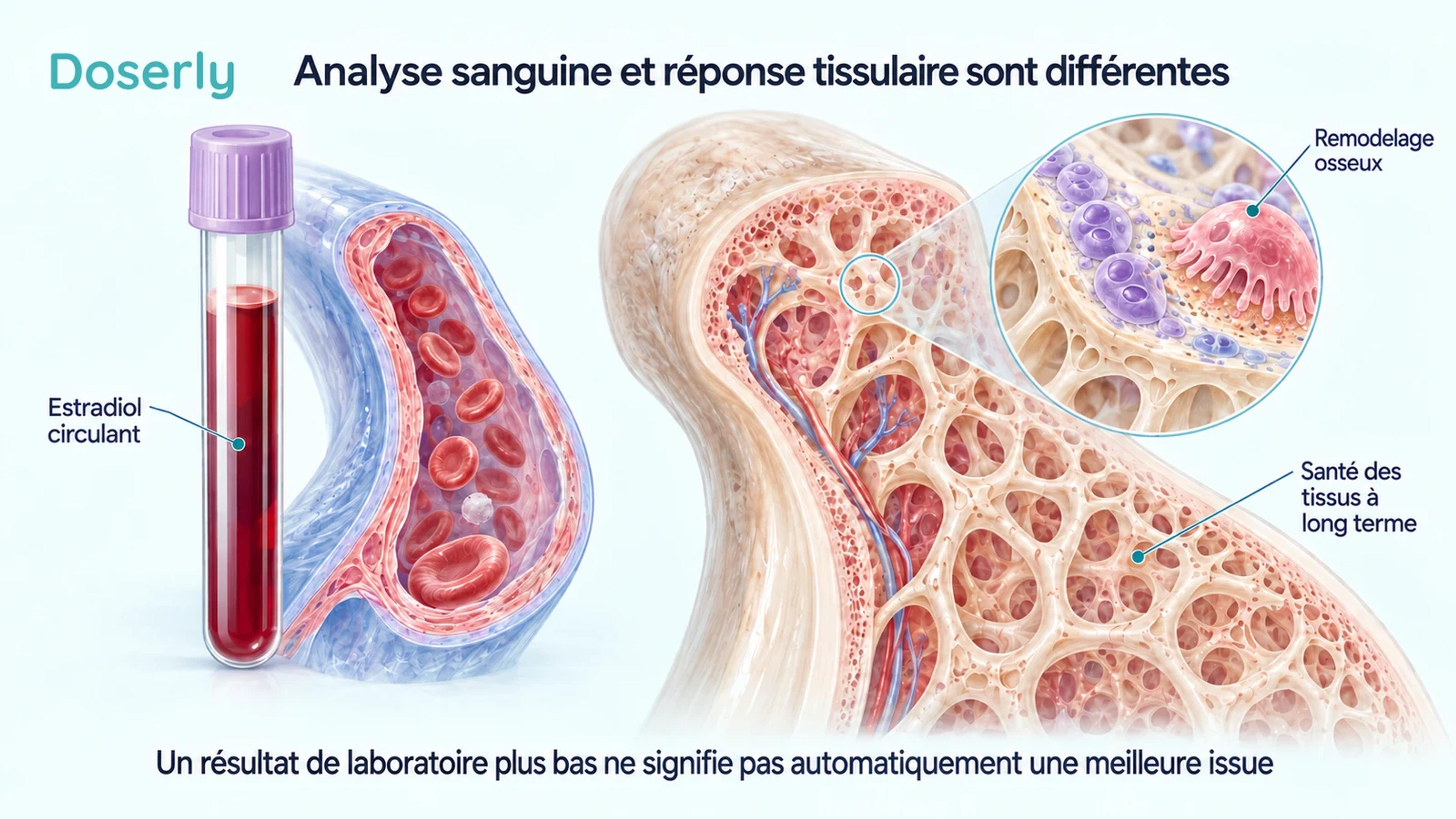 Un échantillon de sang à côté d’une coupe détaillée d’un os et de cellules du remodelage osseux agrandies.