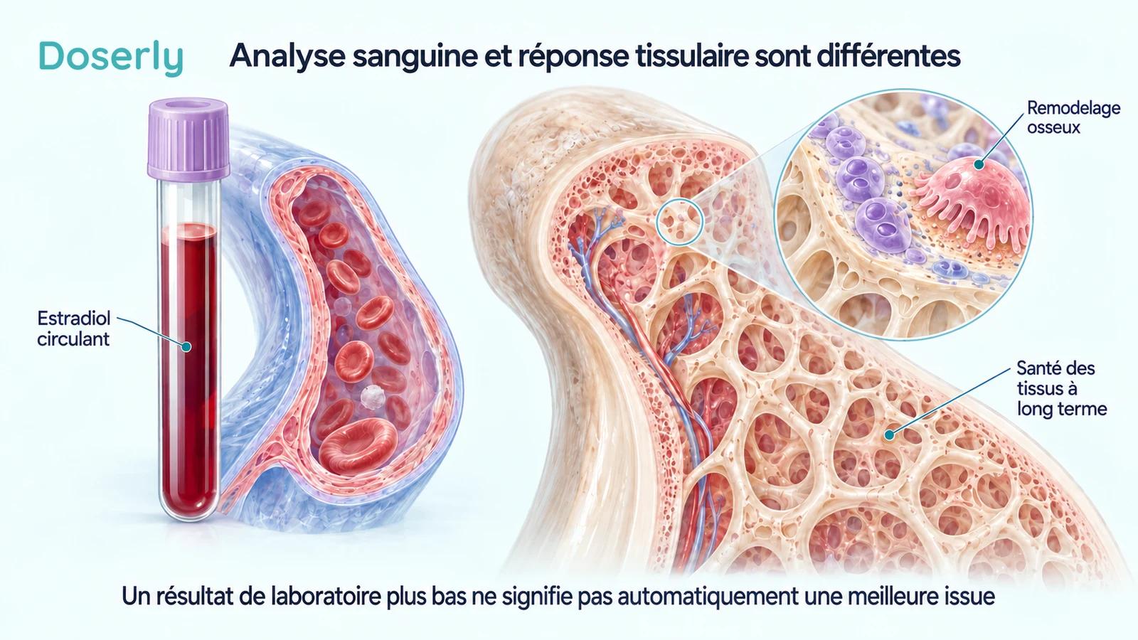 Un échantillon de sang à côté d’une coupe détaillée d’un os et de cellules du remodelage osseux agrandies.