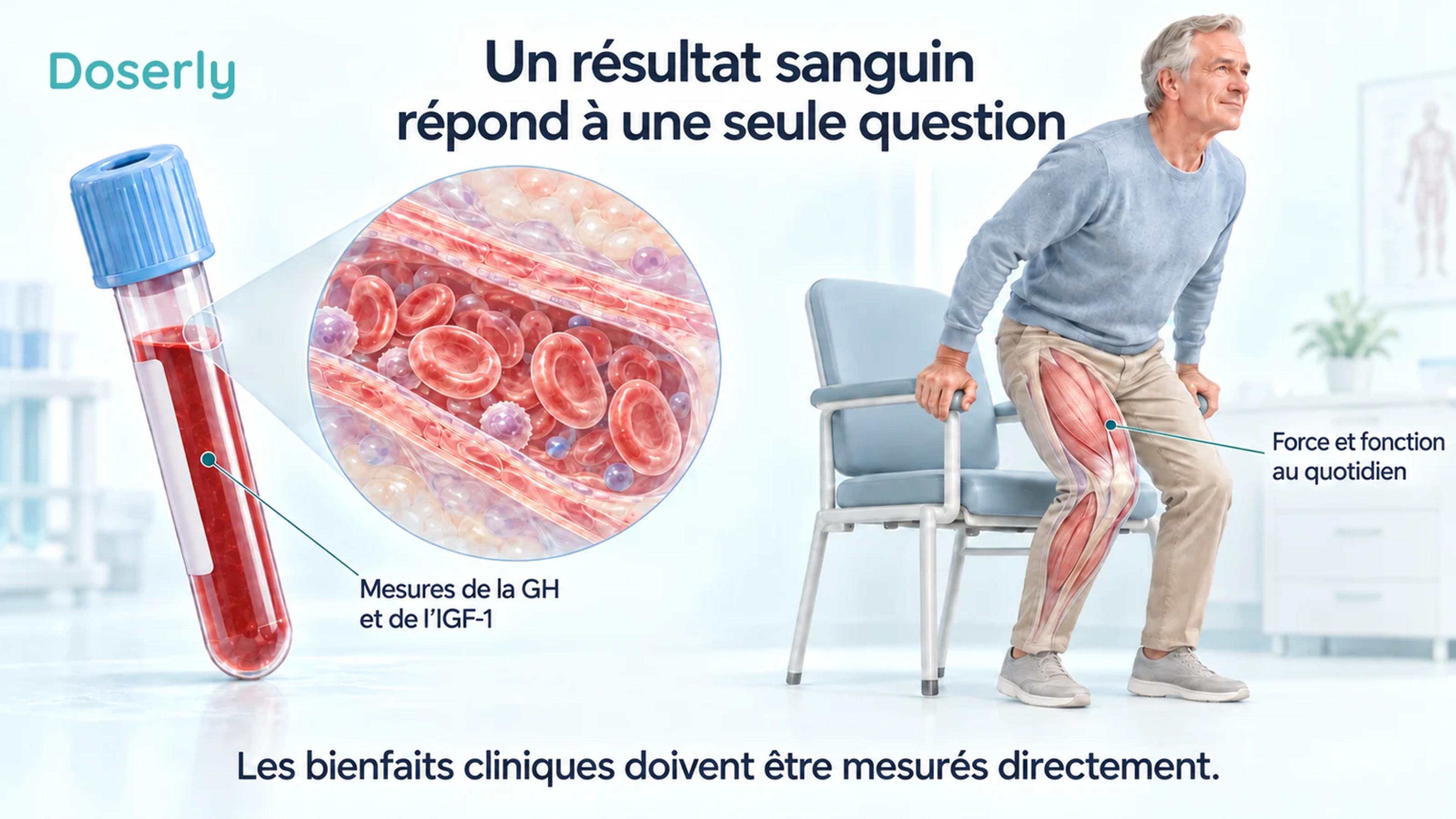 Un échantillon de sang et une illustration de capillaire côtoient une personne qui se lève d’une chaise, pour distinguer les analyses hormonales de la fonction physique.