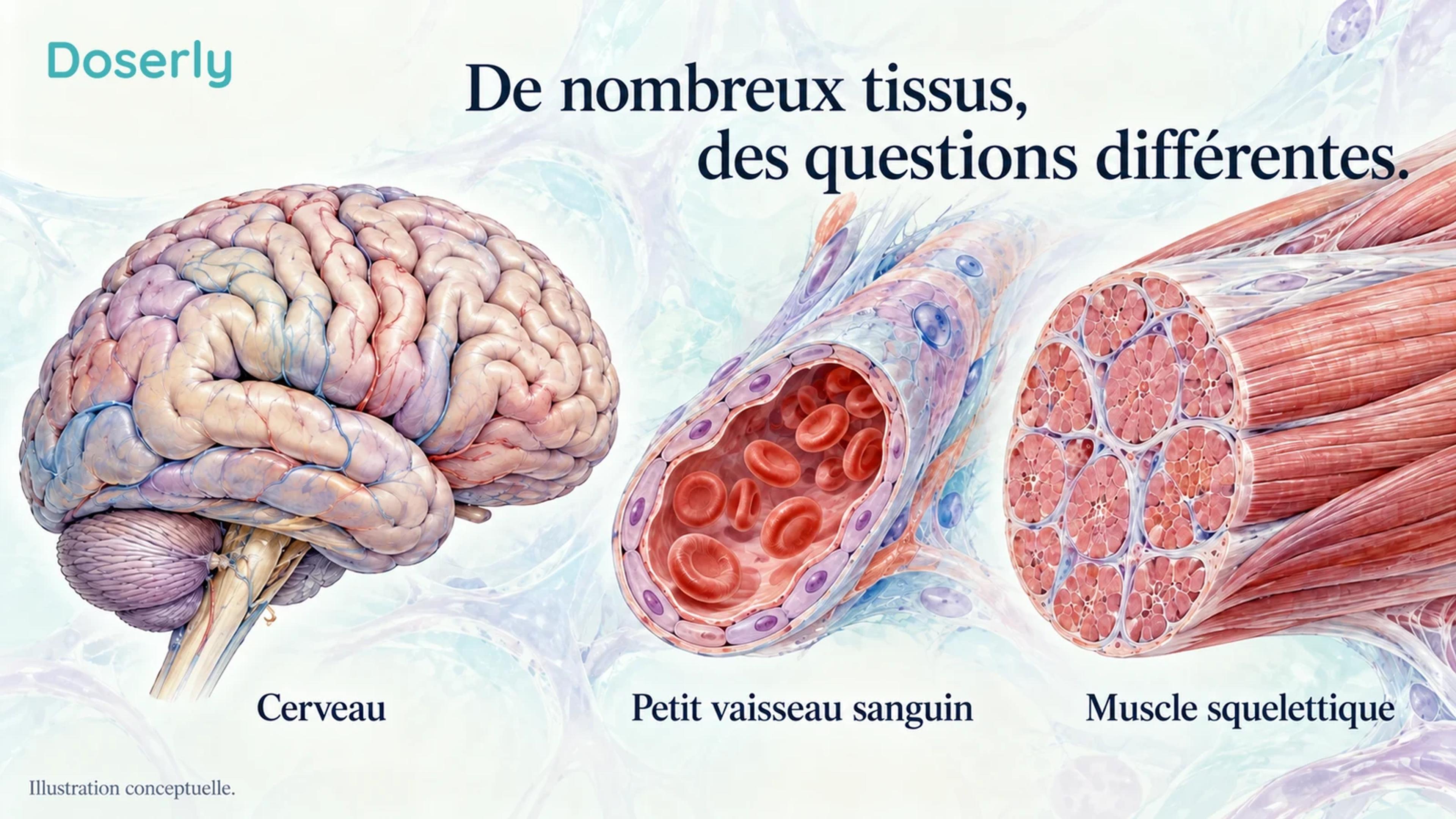 Une illustration anatomique conceptuelle présente le cerveau, un petit vaisseau sanguin et le muscle squelettique dans des vues distinctes pertinentes pour la recherche sur la COVID longue.
