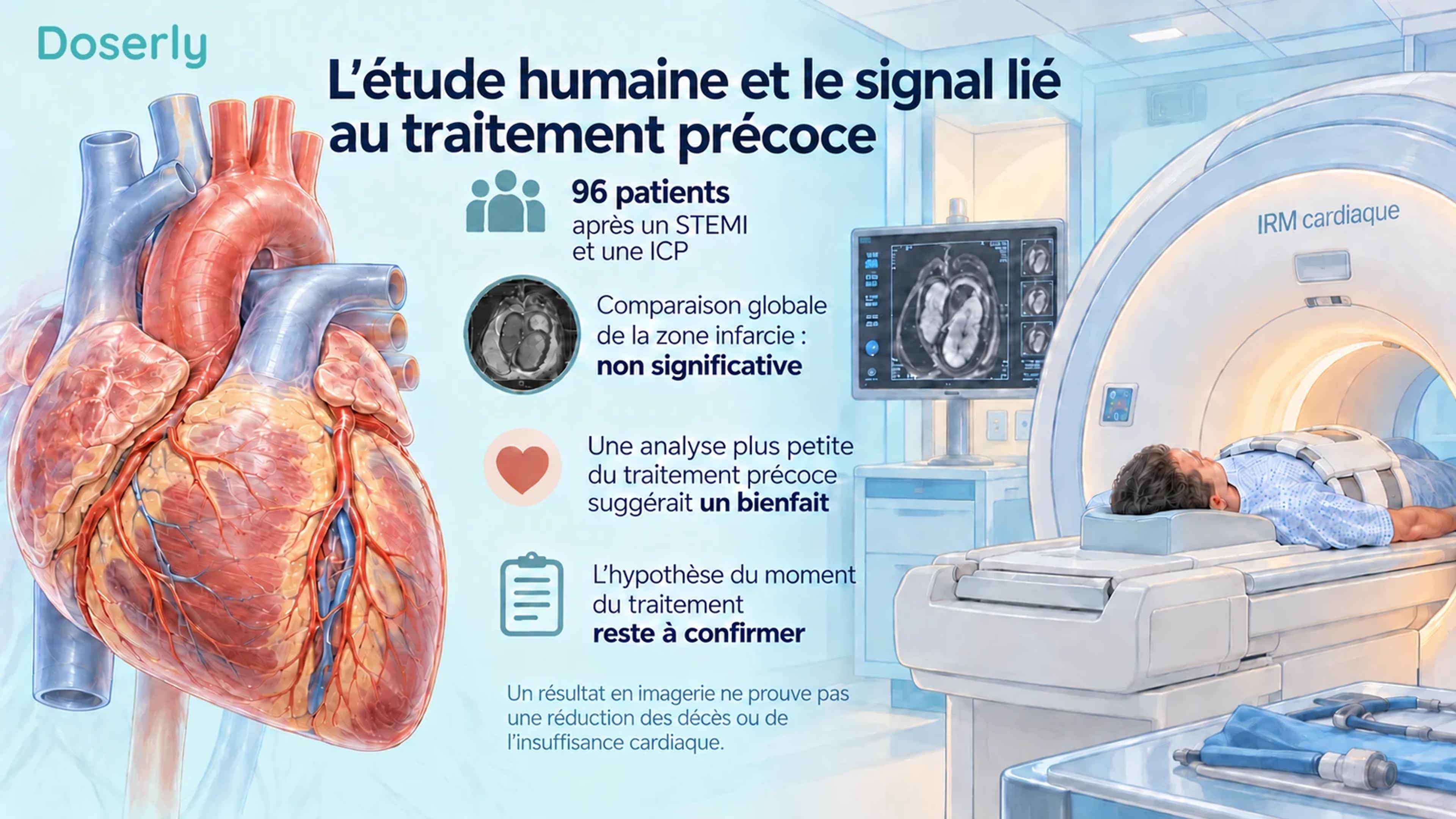 Un cœur et un appareil d’IRM accompagnent le résultat global chez les 96 patients et le signal distinct lié au traitement précoce.