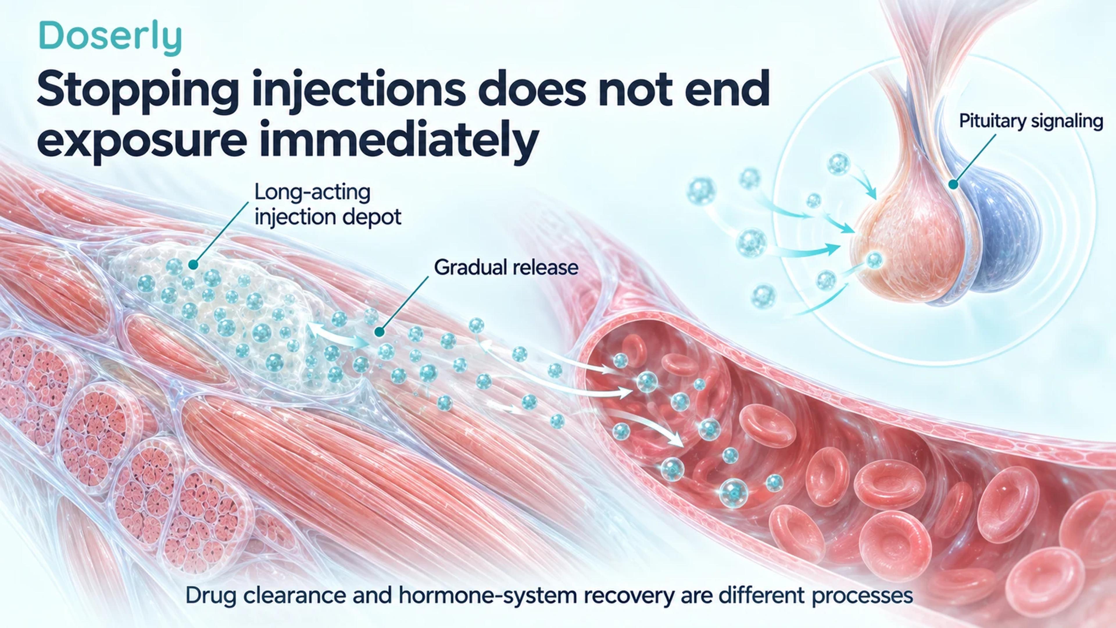 A detailed muscle injection depot releases symbolic hormone into a capillary, with a separate pituitary inset.