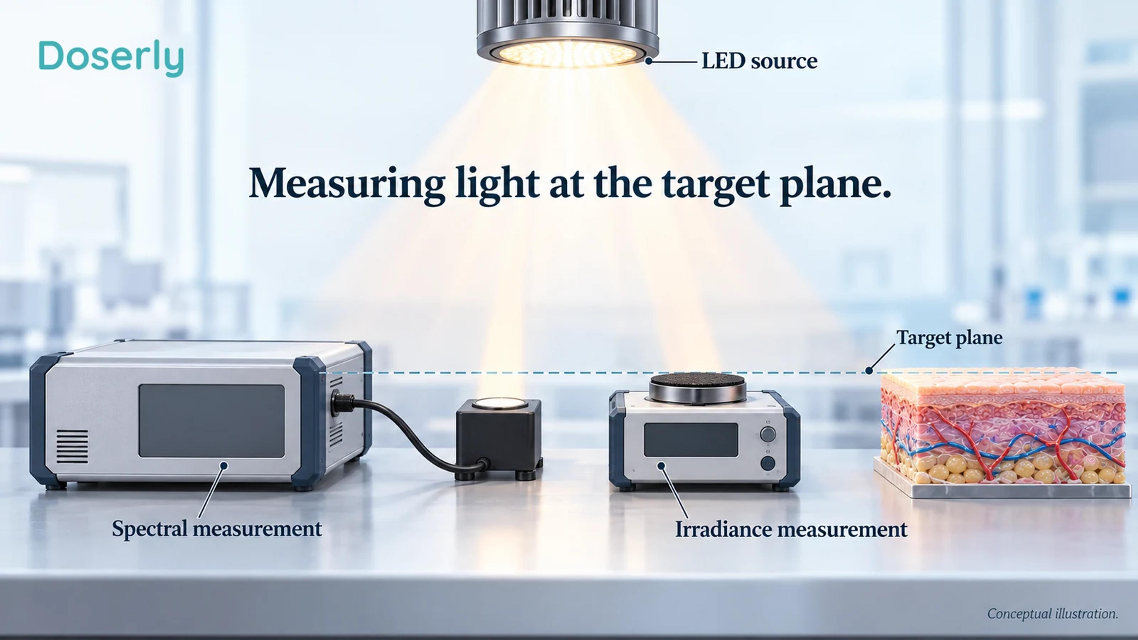 A spectrometer, calibrated optical detector and skin model illustrate distinct questions about spectrum and delivered light.