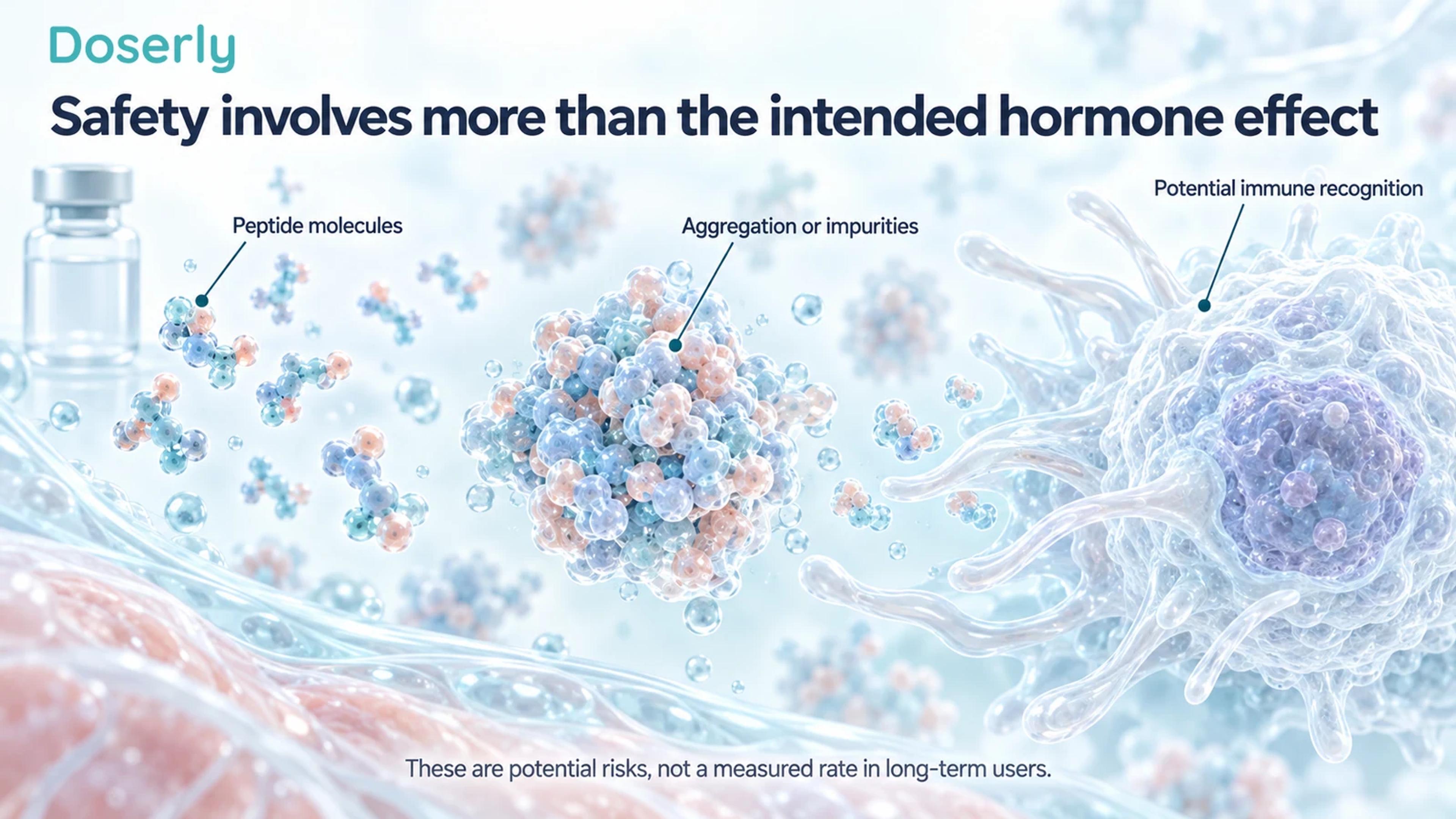 Conceptual peptide particles, an aggregate and an immune cell illustrate potential formulation-related immune concerns.