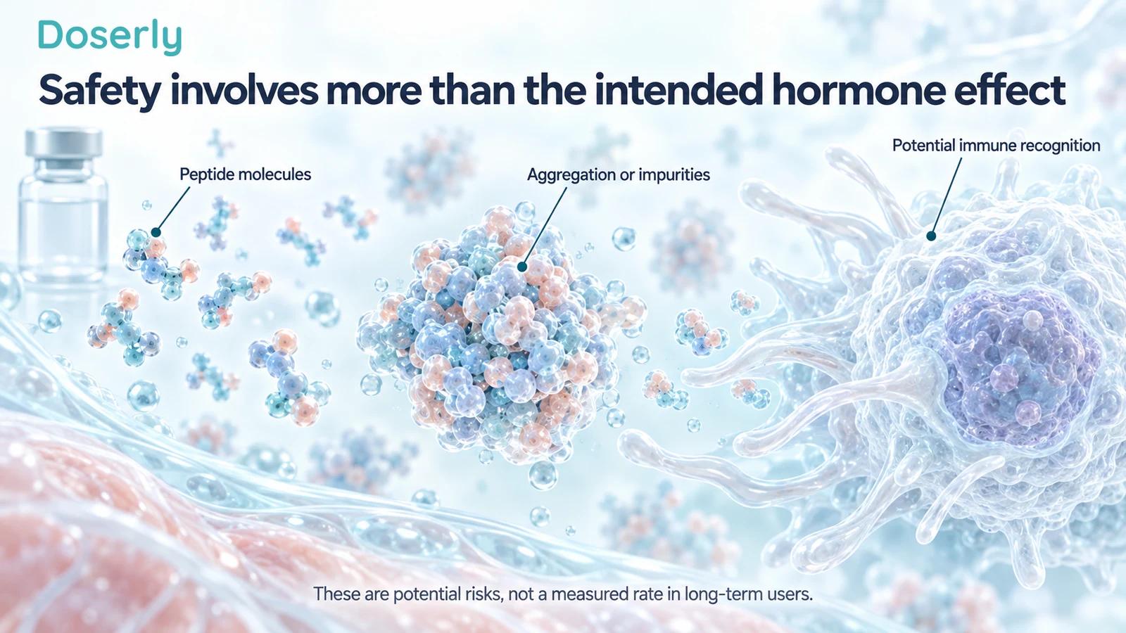 Conceptual peptide particles, an aggregate and an immune cell illustrate potential formulation-related immune concerns.