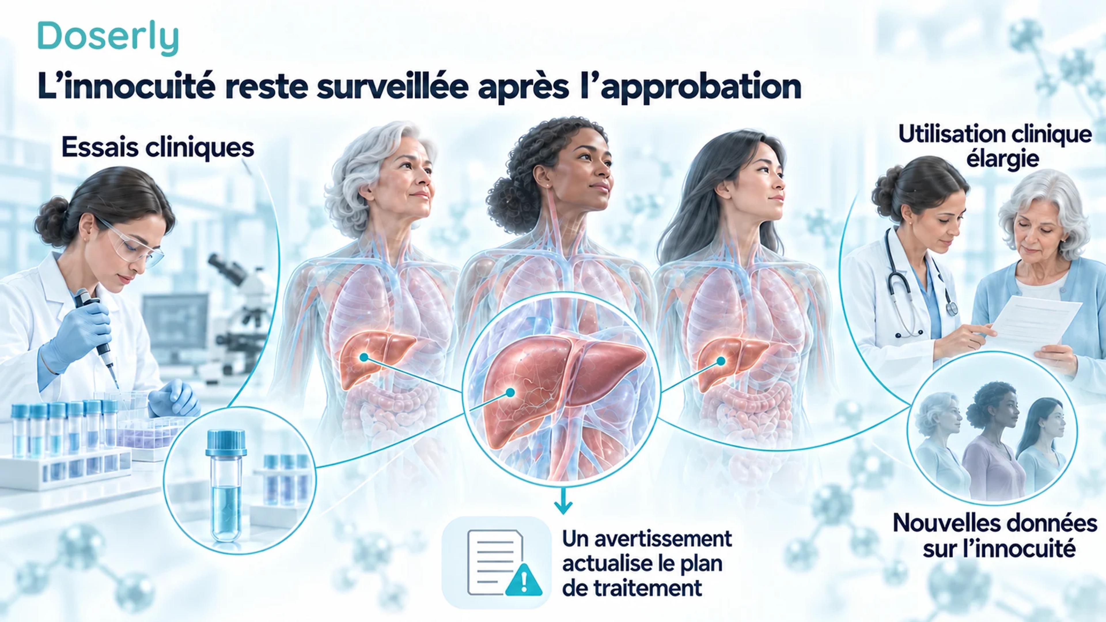 Illustrations translucides de femmes, scène de recherche clinique et clinicien examinant des résultats de laboratoire, montrant que la surveillance de l’innocuité se poursuit lors d’une utilisation plus large.